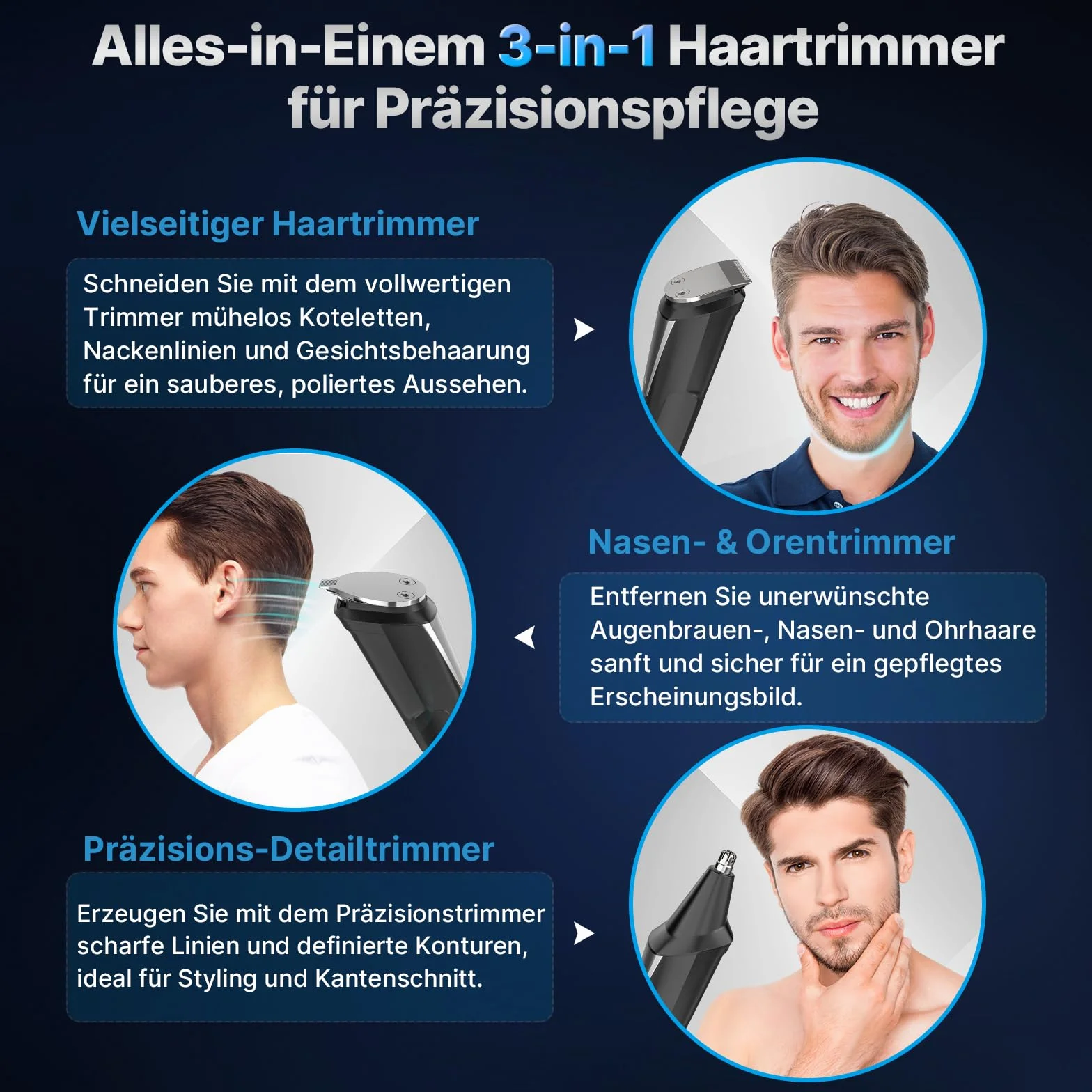 Valano Tondeuse Cheveux Hommes 3 en 1 Rasoir Electriques Set, Tondeuse Barbe Sans Fil avec 9 Sabots 1-16mm, Multi-function Men's Groomer Noir