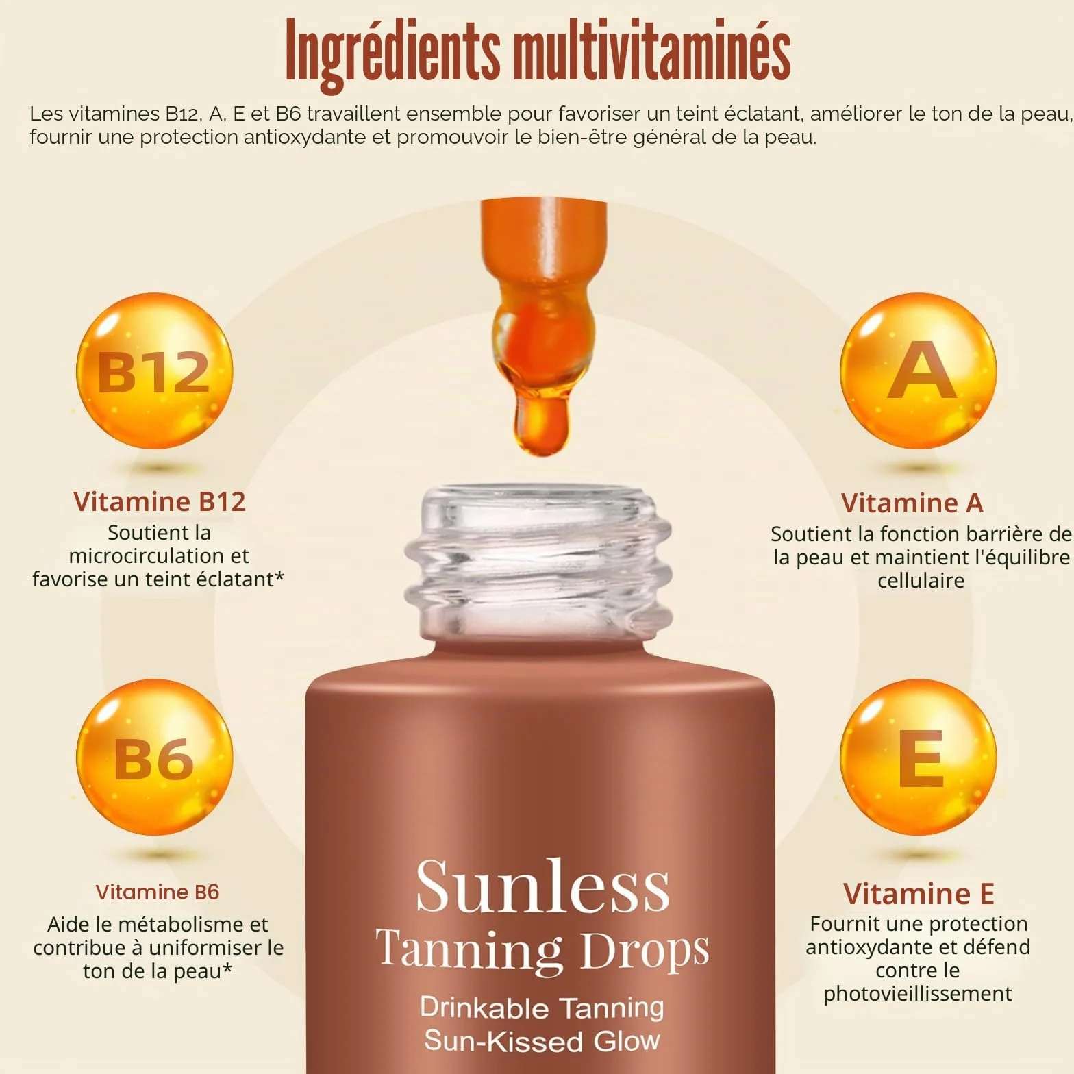 Gouttes de bronzage sans soleil à boire, hydratante pour visage et corps, lueur ensoleillée
