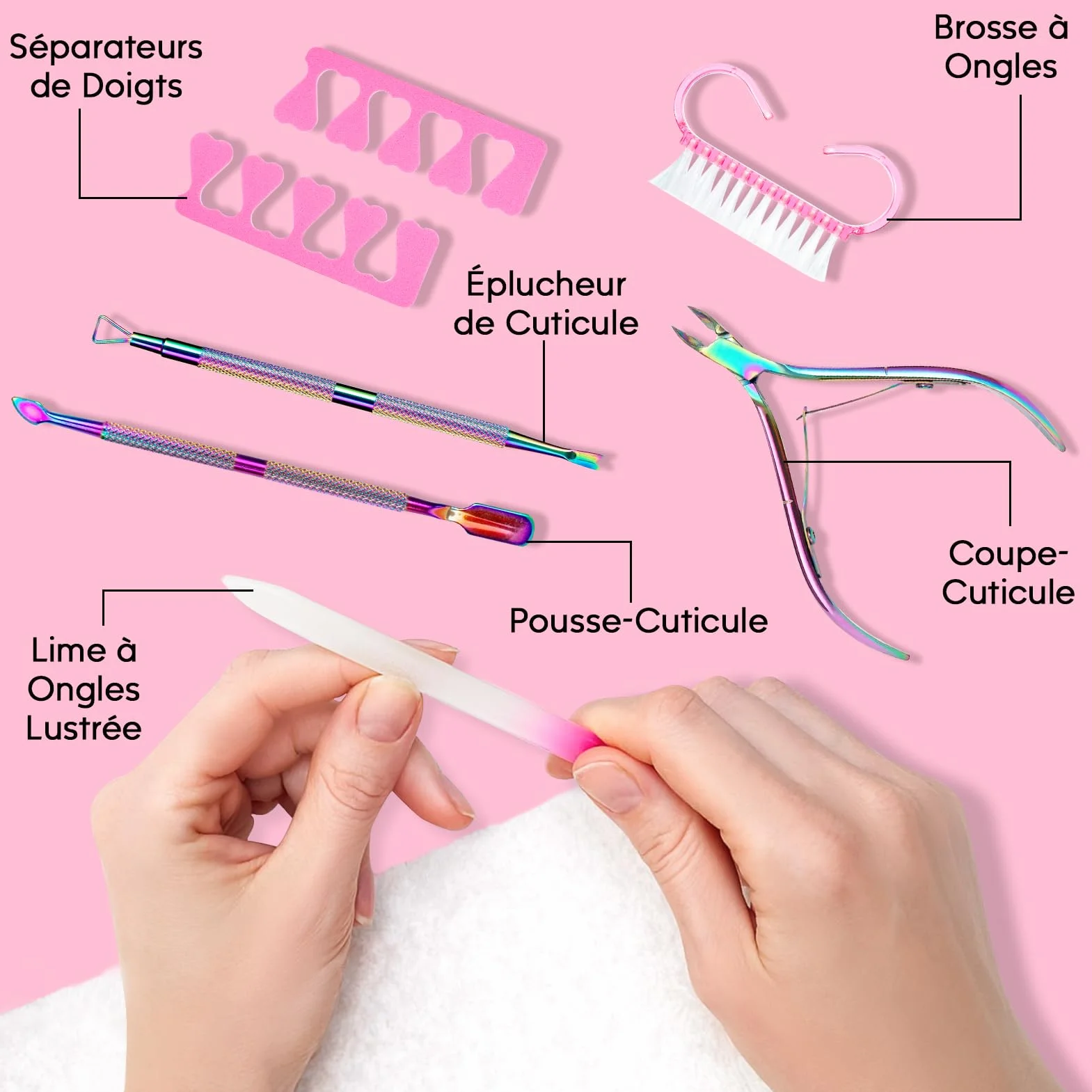 Kit élimination cuticules rose - Crème, huile, coupe-ongles, pousse-cuti et pince