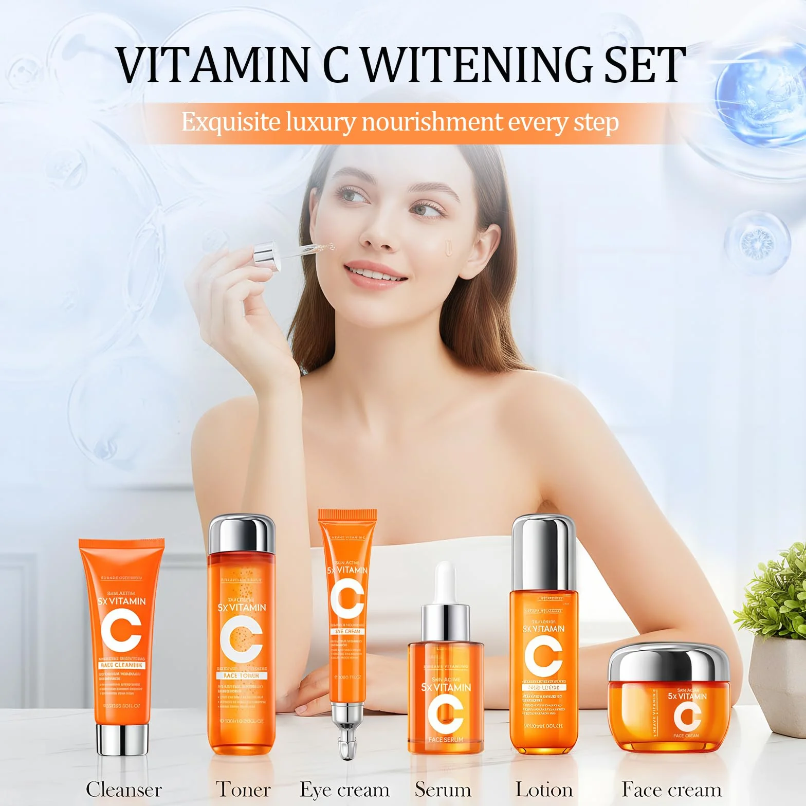 Coffret Soin Visage Vitamine C, Routine Complète avec Nettoyant, Tonique, Sérum, Contour des Yeux, Lotion & Crème
