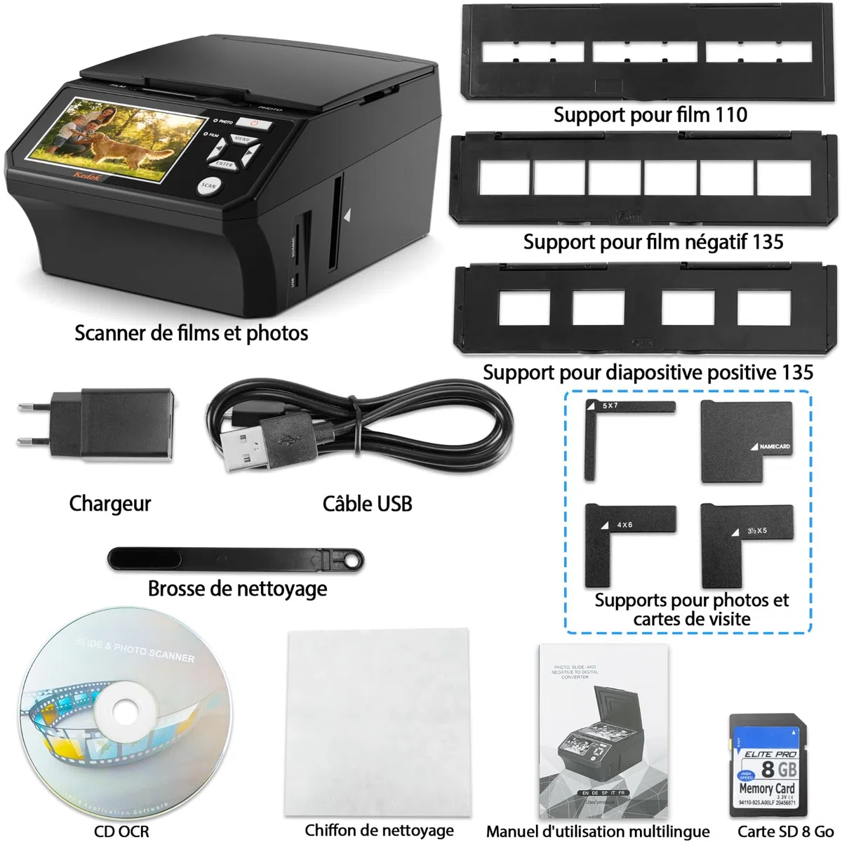 Scanner 4-en-1 Diapositives et Négatifs, Scanner Photo 22MP avec Écran LCD 5", Convertit 135/110 Films/Négatifs/Photos en JPEG Numérique, Carte SD 8Go Incluse