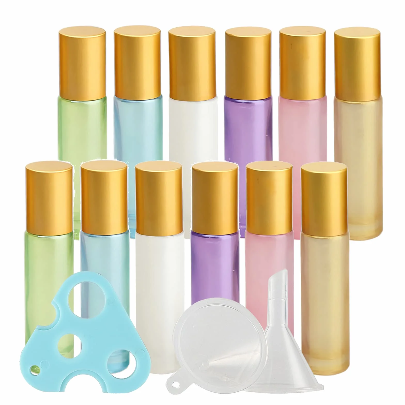 Flacons à Bille pour Huiles Essentielles 10ml, Lot de 12 Bouteilles Roll-on en Verre Mixte avec Couvercle Or et Rouleau en Acier Inoxydable