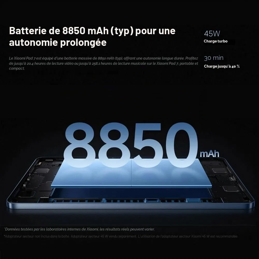 XIAOMI Pad 7, 8 Go + 256 Go, 11,2 Pouces, 13 MP, résolution 2136 x 3200, capacité de la Batterie 8850 mAh, Noir, avec Chargeur