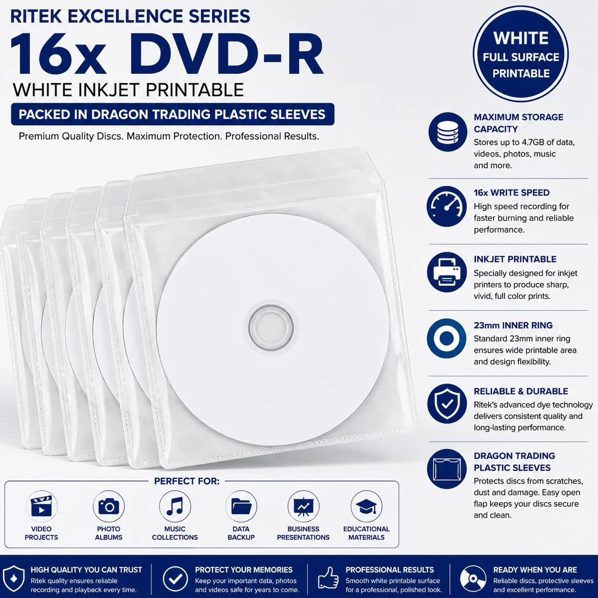 Ritek DVD-R vierges imprimables jet d'encre 16x 5 pièces pochettes plastique rabat Blanc