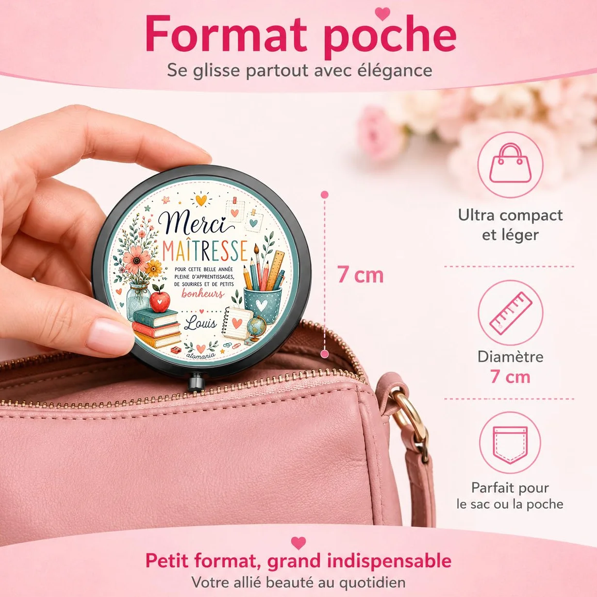 Miroir de Poche Personnalisé Prénom – Cadeau Maîtresse Fin d'Année Scolaire – Miroir Compact Femme