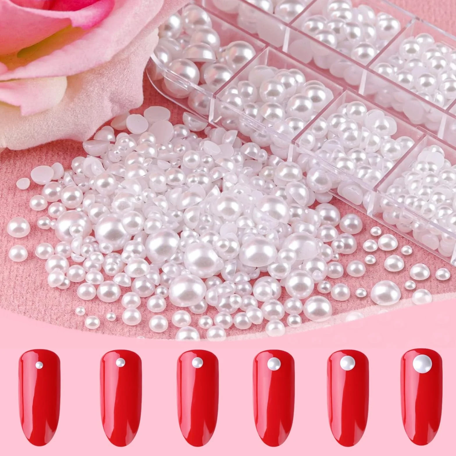 Perles Nail Art 12 Tailles, Perles Plates Demi-Rondes 2 Boîtes, Deco Ongle DIY