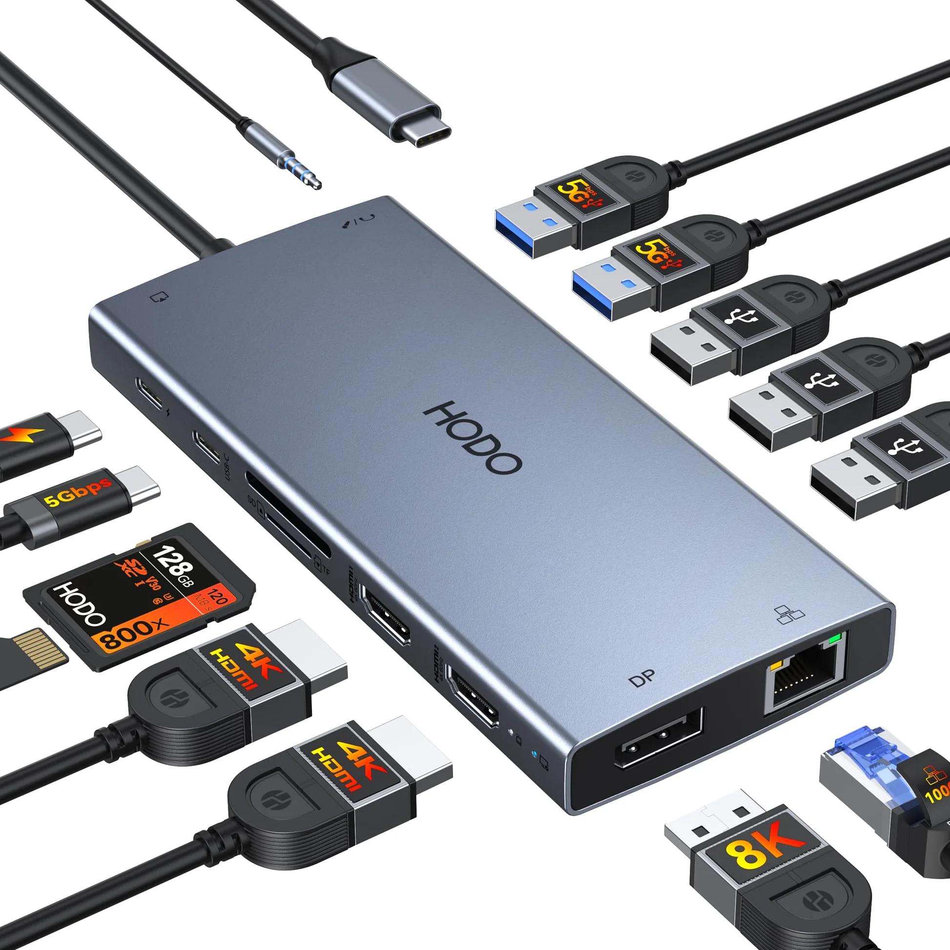Station d'accueil pour ordinateur portable 2 moniteurs, station d'accueil 15 en 1 triple écran, adaptateur USB C Hub avec deux HDMI, 8K DisplayPort, Ethernet, PD, 5USB, USB C, SD TF, audio et bouton