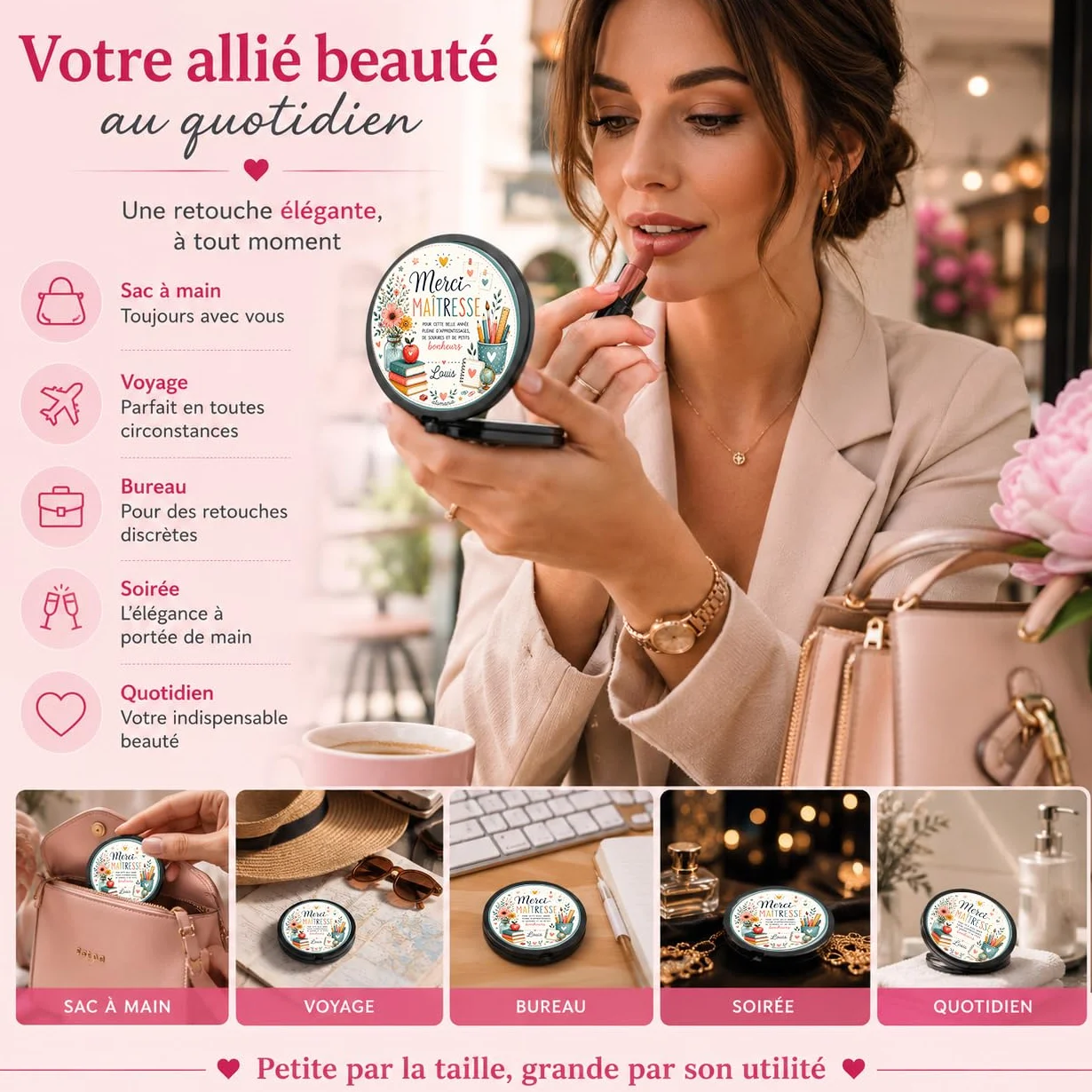 Miroir de Poche Personnalisé Prénom – Cadeau Maîtresse Fin d'Année Scolaire – Miroir Compact Femme
