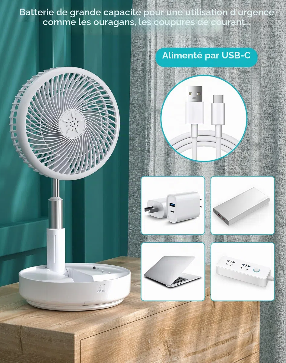 Primevolve Ventilateur portable, batterie 21H, ventilateur oscillant rechargeable 7200 mAh avec télécommande, pliable, télescopique, 19,6 cm, pour voyage, camping, croisière, hôtel, chambre à coucher