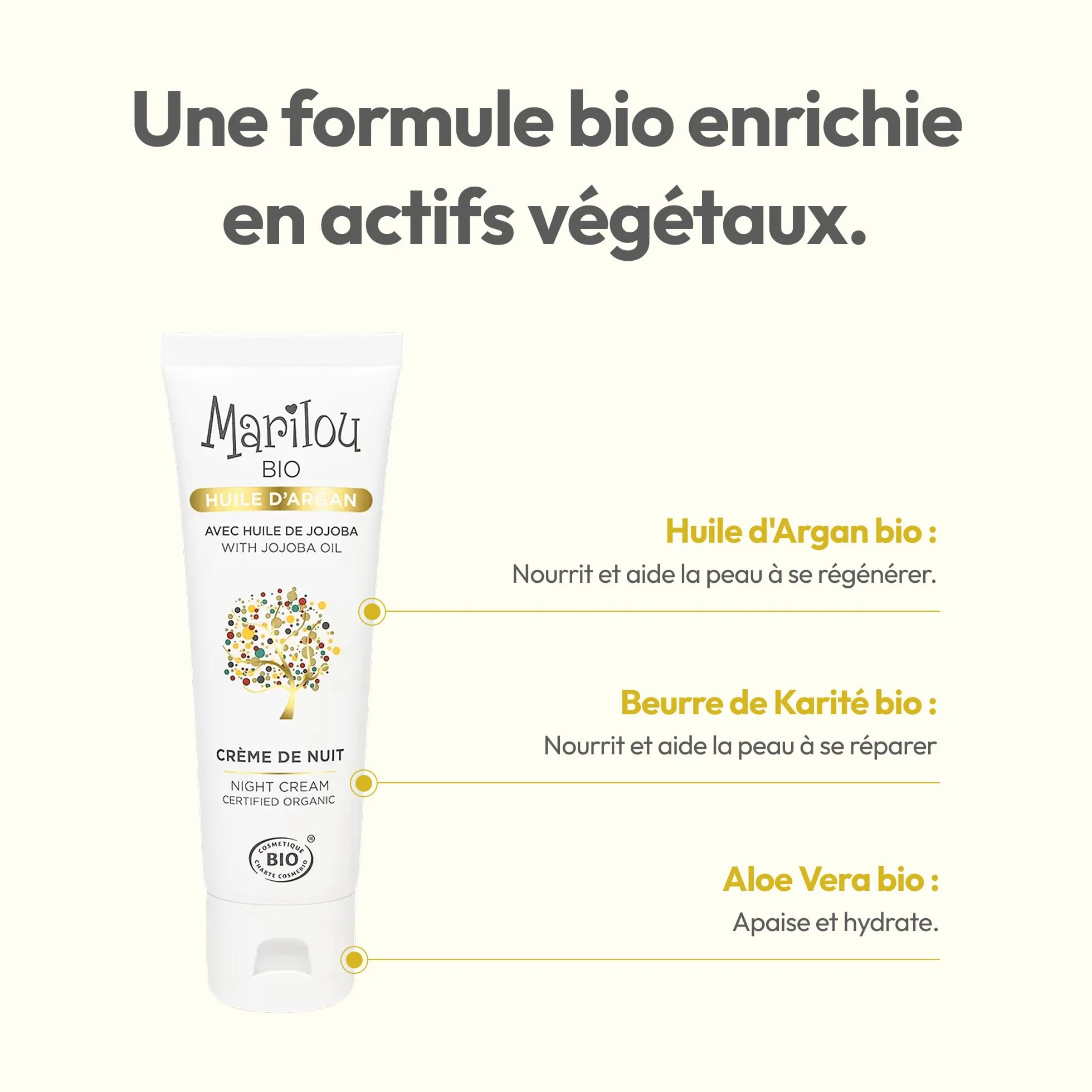 MARILOU BIO Crème de Nuit visage à l'Huile d'Argan bio 98% d'ingrédients d'origine naturelle Peaux normales à sèches 50ml