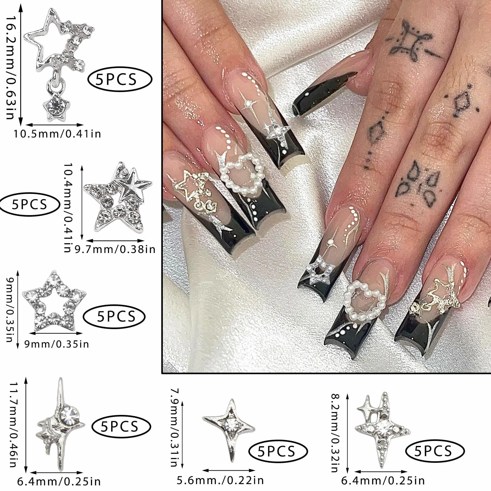 Charmes à ongles étoile 3D argent brillant, pierres à ongles, bijou ongle lumière d'étoile, Y2K, pour ongles acrylique décoration scintillants