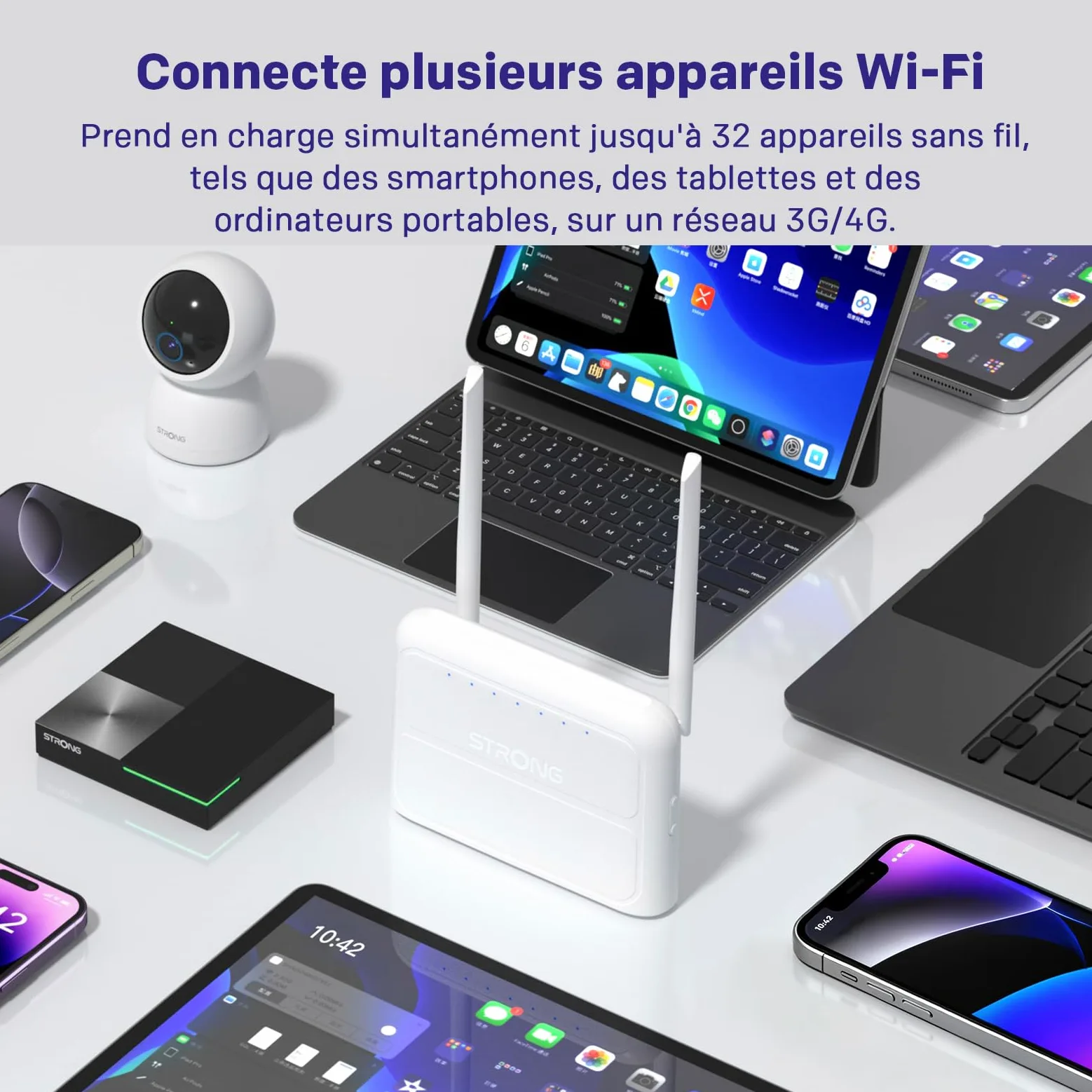 STRONG Routeur 4G Carte Sim, Wi-FI 300 Mbps Box 4G, 4 x Ports 100 Mbps | Routeur 4G Plug & Play avec emplacement Nano SIM, jusqu'à 32 appareils, compatible principaux opérateurs, basculement WAN