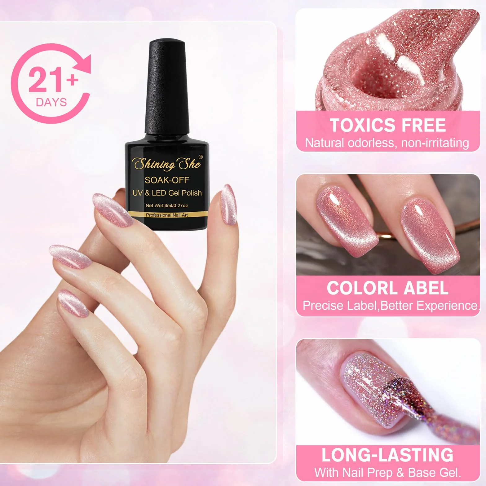 Shining She Vernis Semi Permanent Magnétique 4 Couleurs Nude Rose Or Rose Holographique Cat Eye 8ml