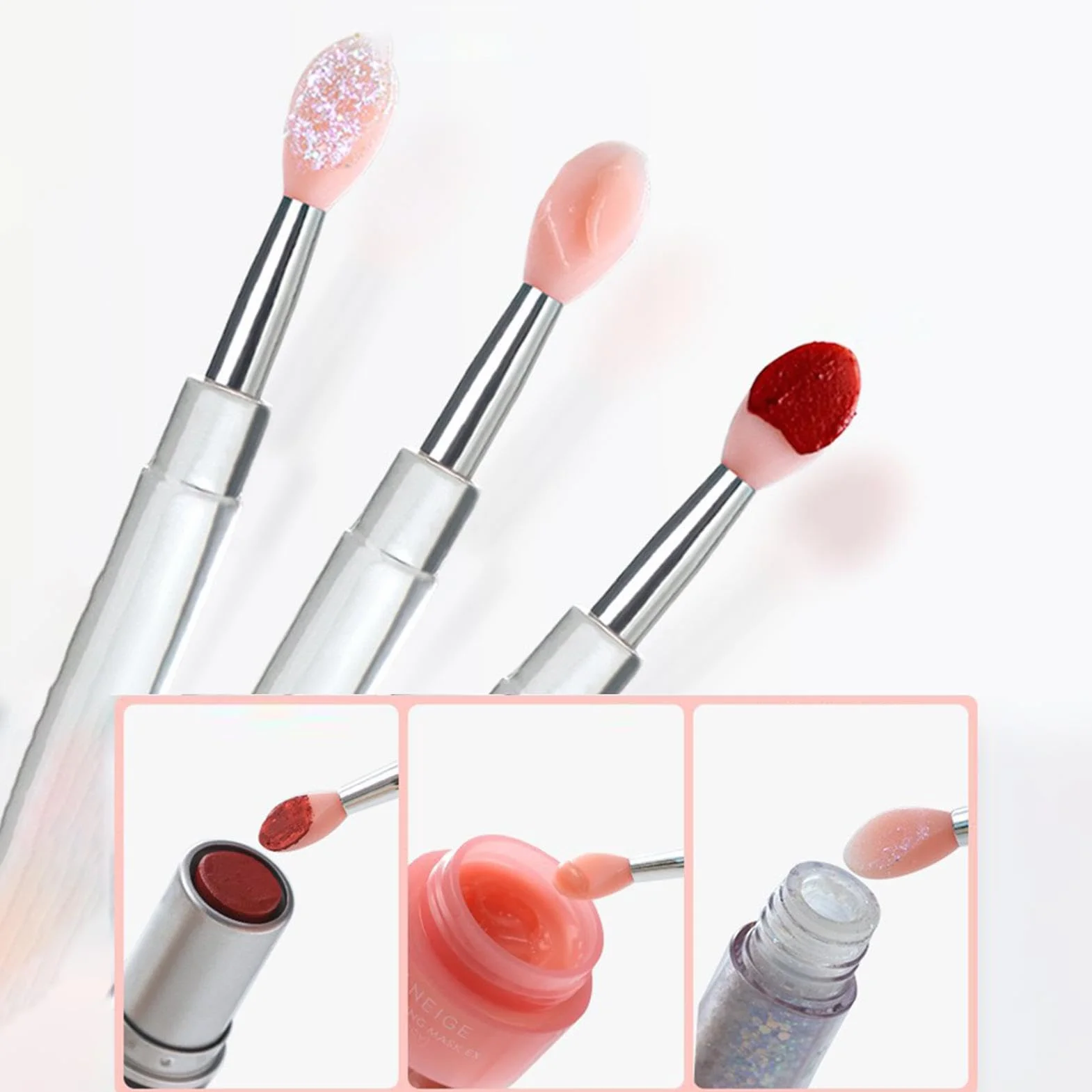 Lot de 3 pinceaux à lèvres en silicone avec couvercle - Applicateur de baume à lèvres réutilisable portable