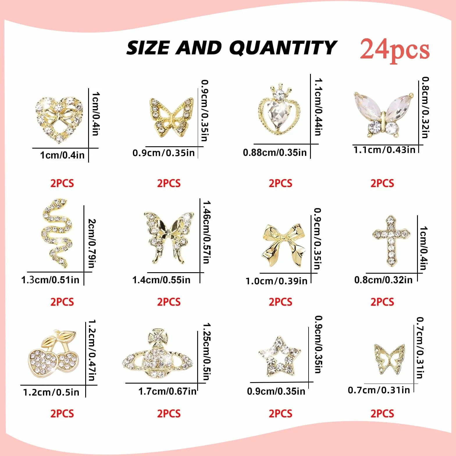 Breloques pour Ongles Y2k, Alliage Coeurs Papillons Noeuds Cerises Strass, Deco Nail Art, 24 PCS