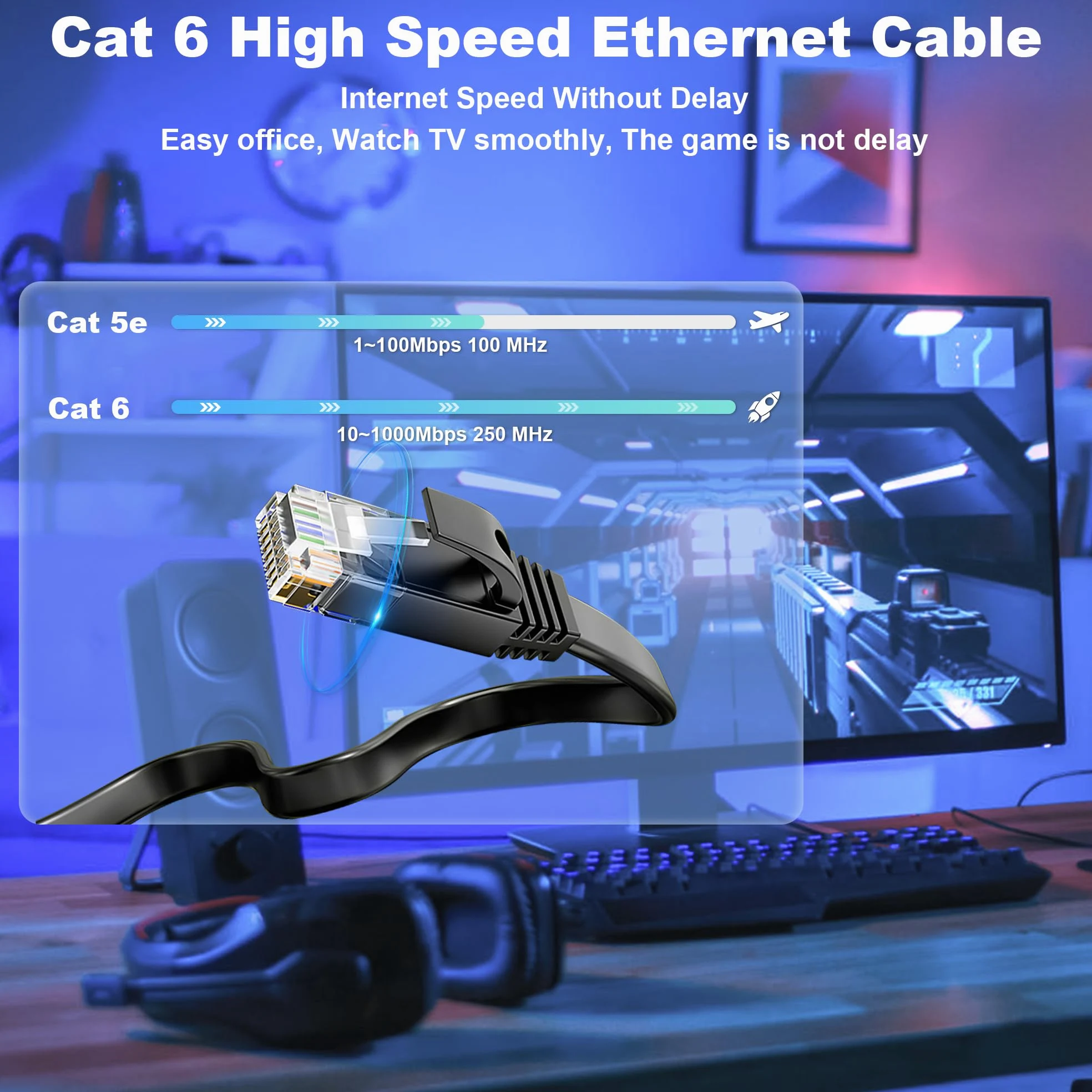 Câble réseau 50 m extérieur et intérieur, câble LAN 50 m Cat 6 Gigabit RJ45 50 m Câble Ethernet plat – 10 100 1000 Mbit s – Câble patch 50 m noir Cat 6 Câble WiFi pour routeur, commutateur, modem