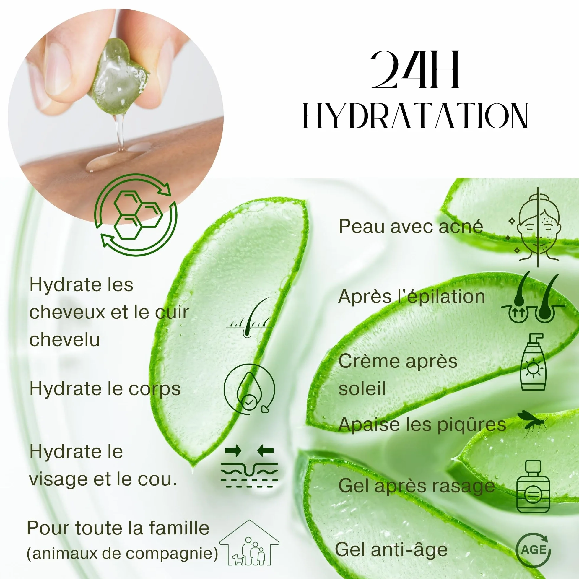KEFUS Aloe Vera Gel Pur Naturel 500 ml Absorption Immédiate Non Grasse Nourrit Hydrate Rafraîchit Soigne Peau Après-Soleil