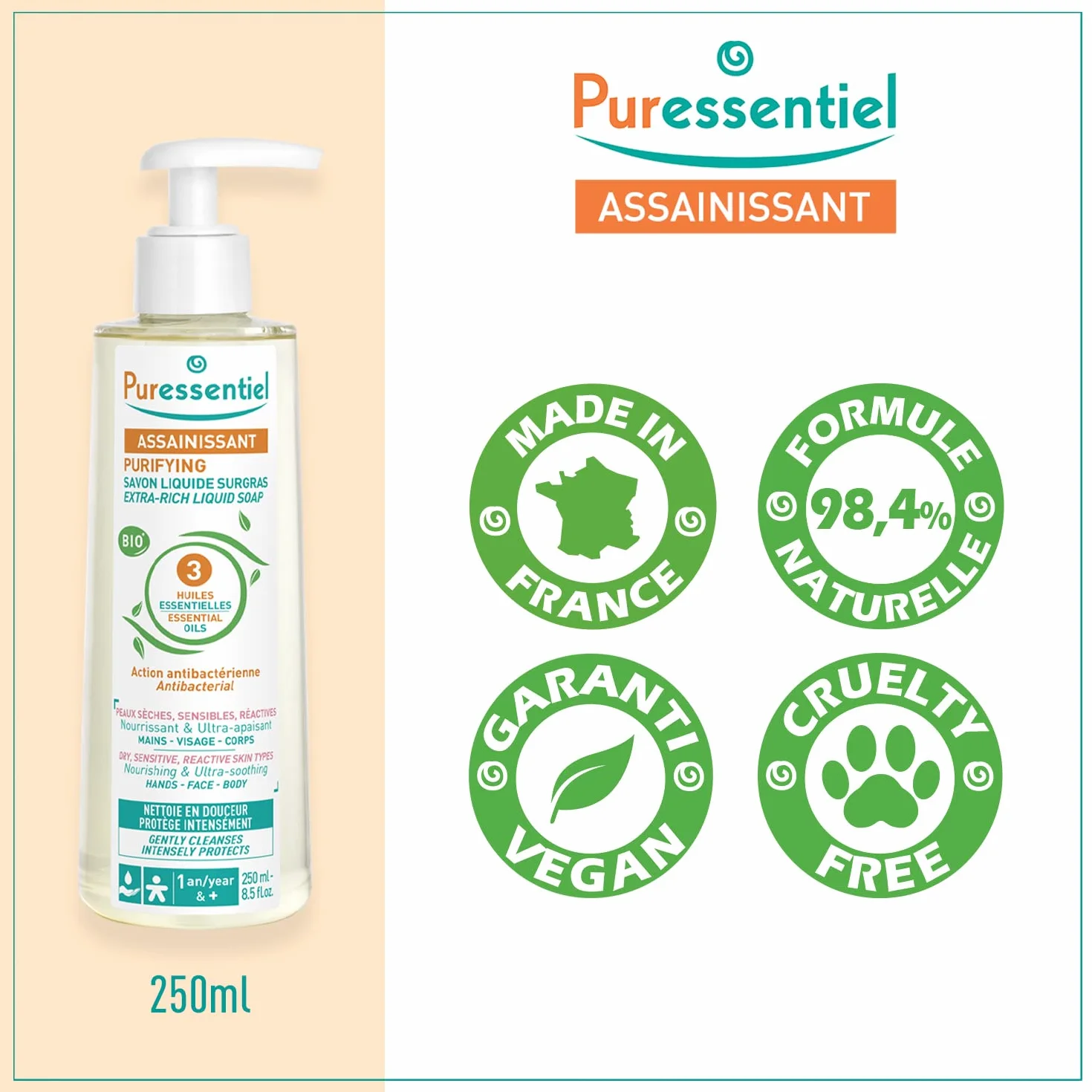 Puressentiel Savon Liquide Surgras BIO aux 3 Huiles Essentielles Antibactérien Visage Mains Corps Peaux Sèches 250ml
