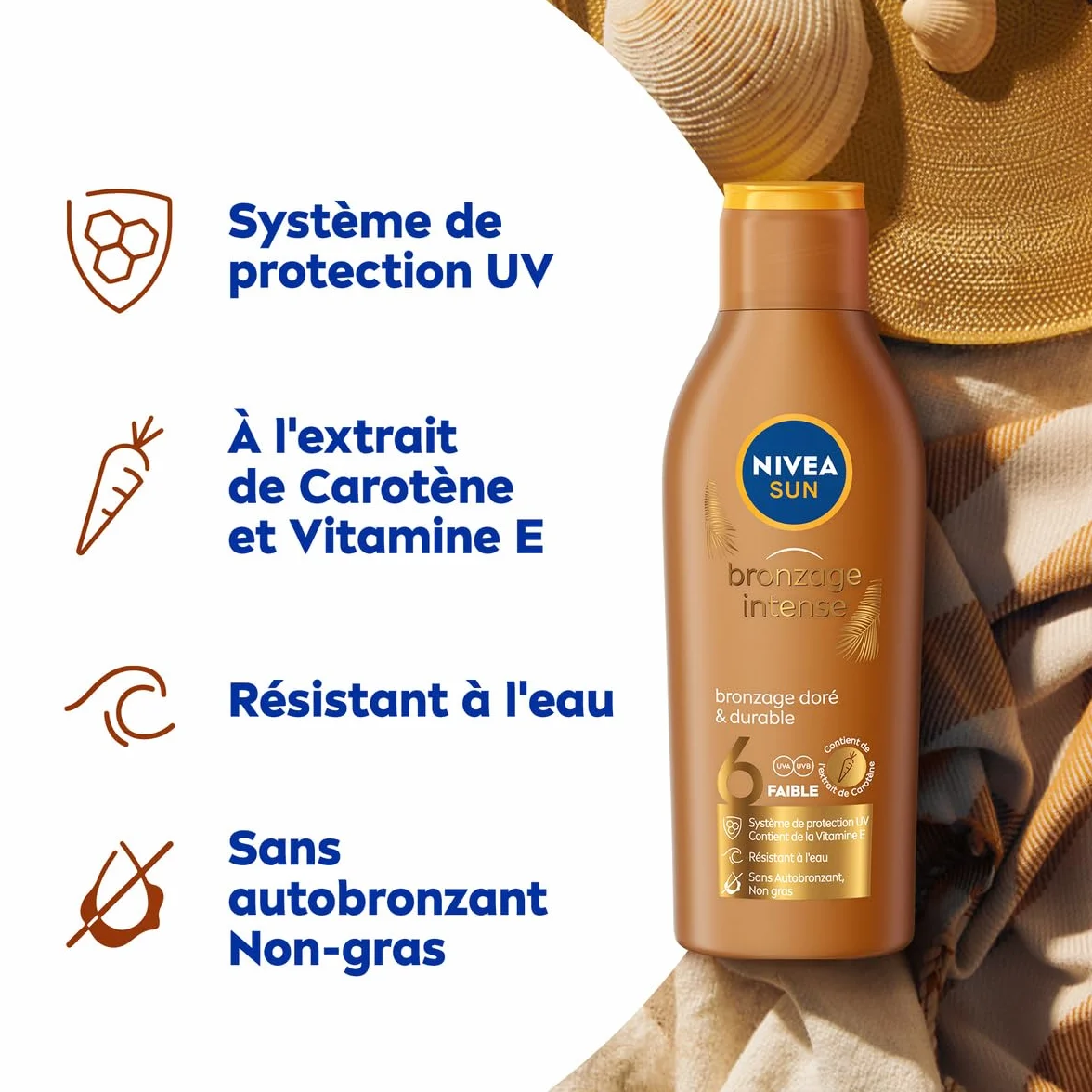 NIVEA SUN Lait Solaire Bronzage Intense FPS 6 Protection Teint Hâlé Extrait Carotène Vitamine E 200 ml