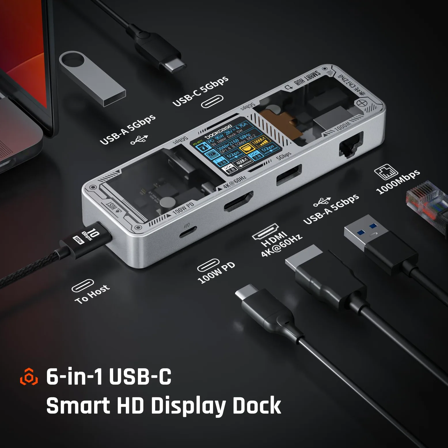 DOCKCASE Smart Hub USB C 6 en 1 Édition Explorer - Station d'Accueil HDMI 4k@60hz, PD 3.0 100w, Gigabit Ethernet, 2 USB-A 5 Gbps - Pour MacBook Air/Pro, XPS, etc - Argent