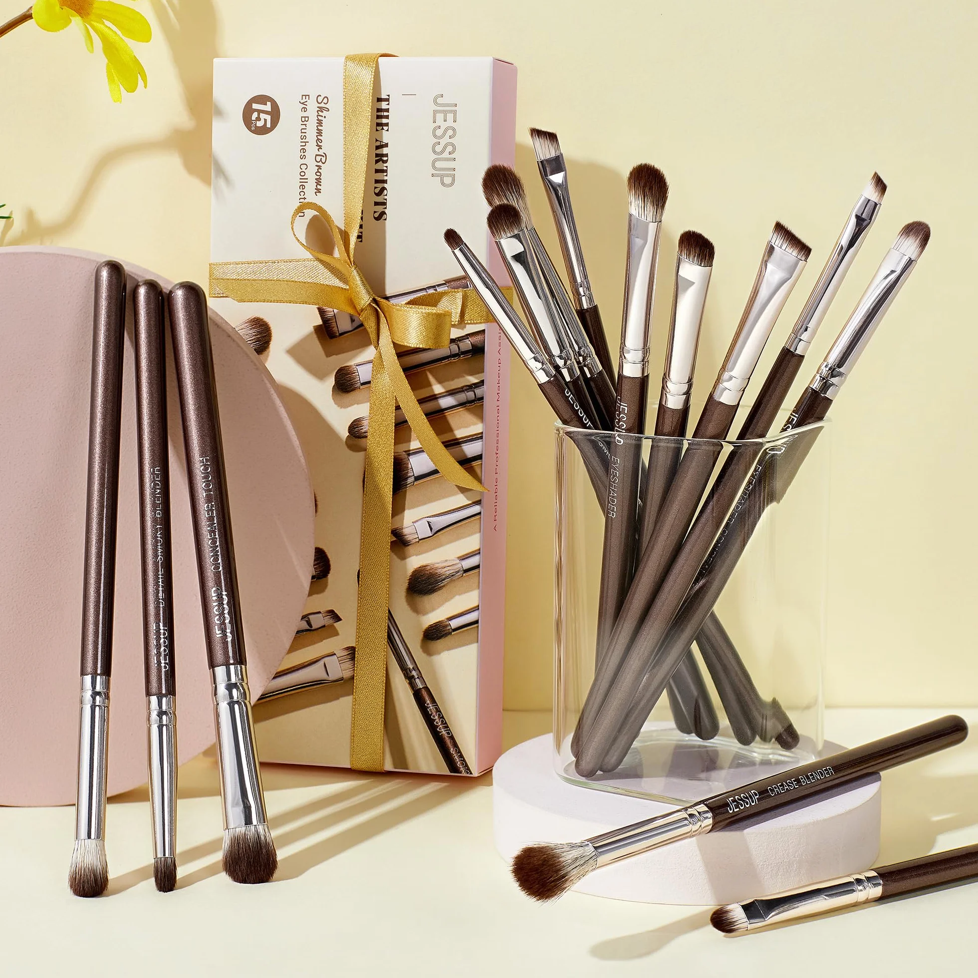 Jessup Lot 15 Pinceaux Maquillage Yeux Professionnels Synthétiques Marron
