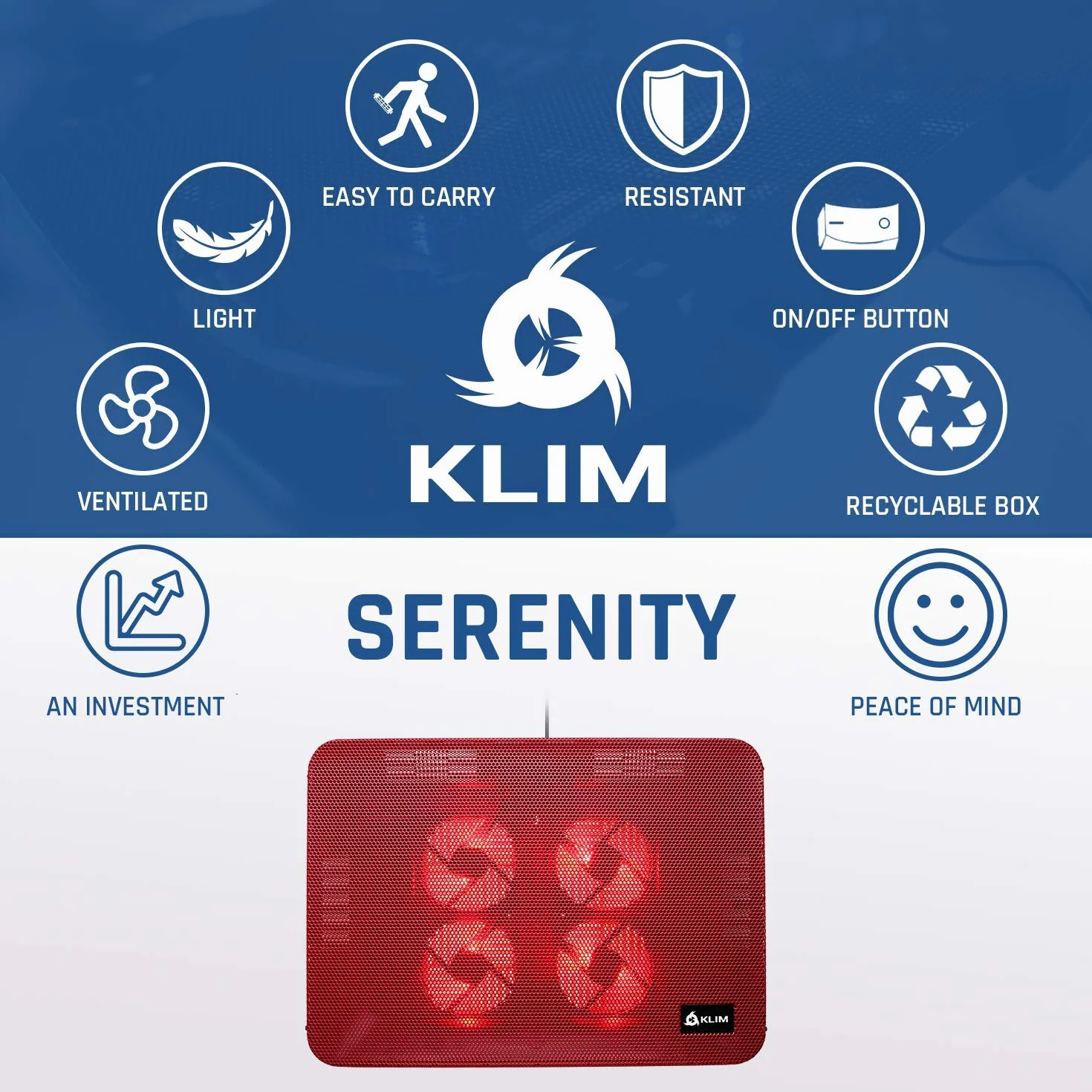 KLIM Serenity Refroidisseur PC Portable 11"-15.6" Support Ventilé Silencieux Grille Métal (Rouge)