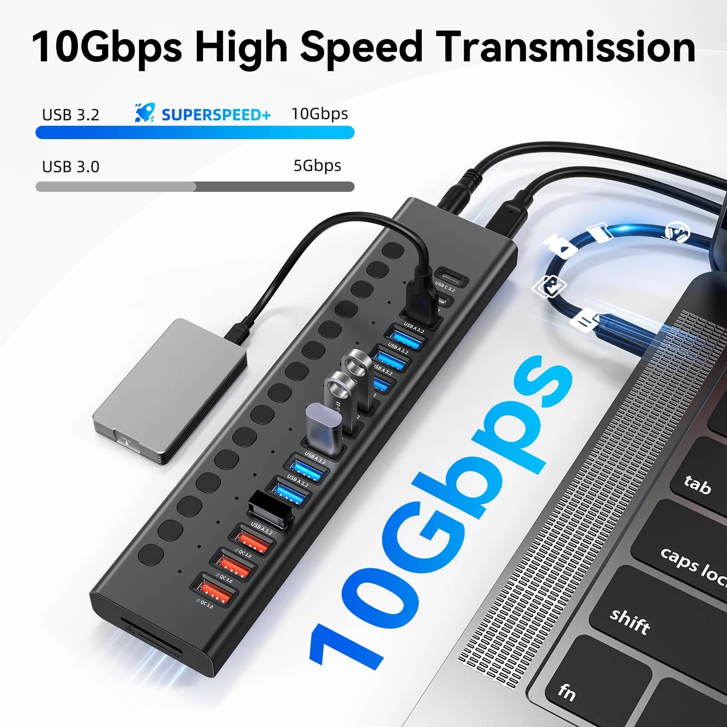 OLKIEQZ Powered USB Hub, VANGREE 17-Port USB Splitter (7 USB 3.0 Ports+3 2.4A Charging Ports+3 USB 2.0 Ports+2 USB-C 3.0 Ports+SD/TF