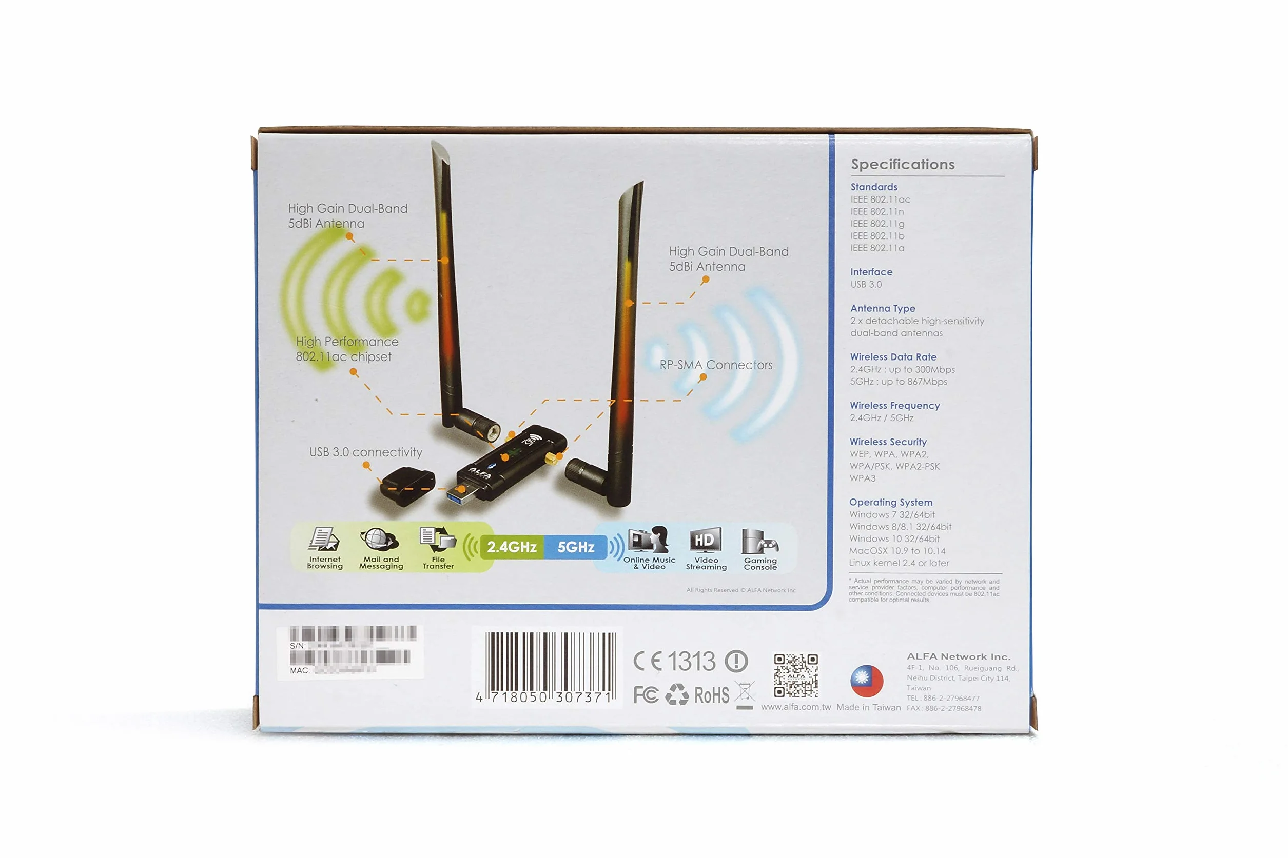 ALFA Network Adaptateur Wi-FI sans Fil à Double Bande de Couverture à Longue portée AC1200 USB avec antenne Externe Haute sensibilité - Windows, MacOS et Kali Linux Soutenu