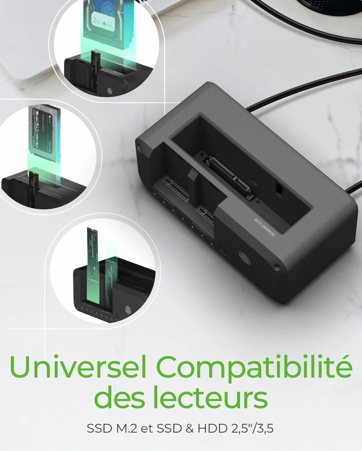ICY BOX Station d'accueil M.2 NVMe SATA USB 3.2 10 Gbit/s clonage bidirectionnel
