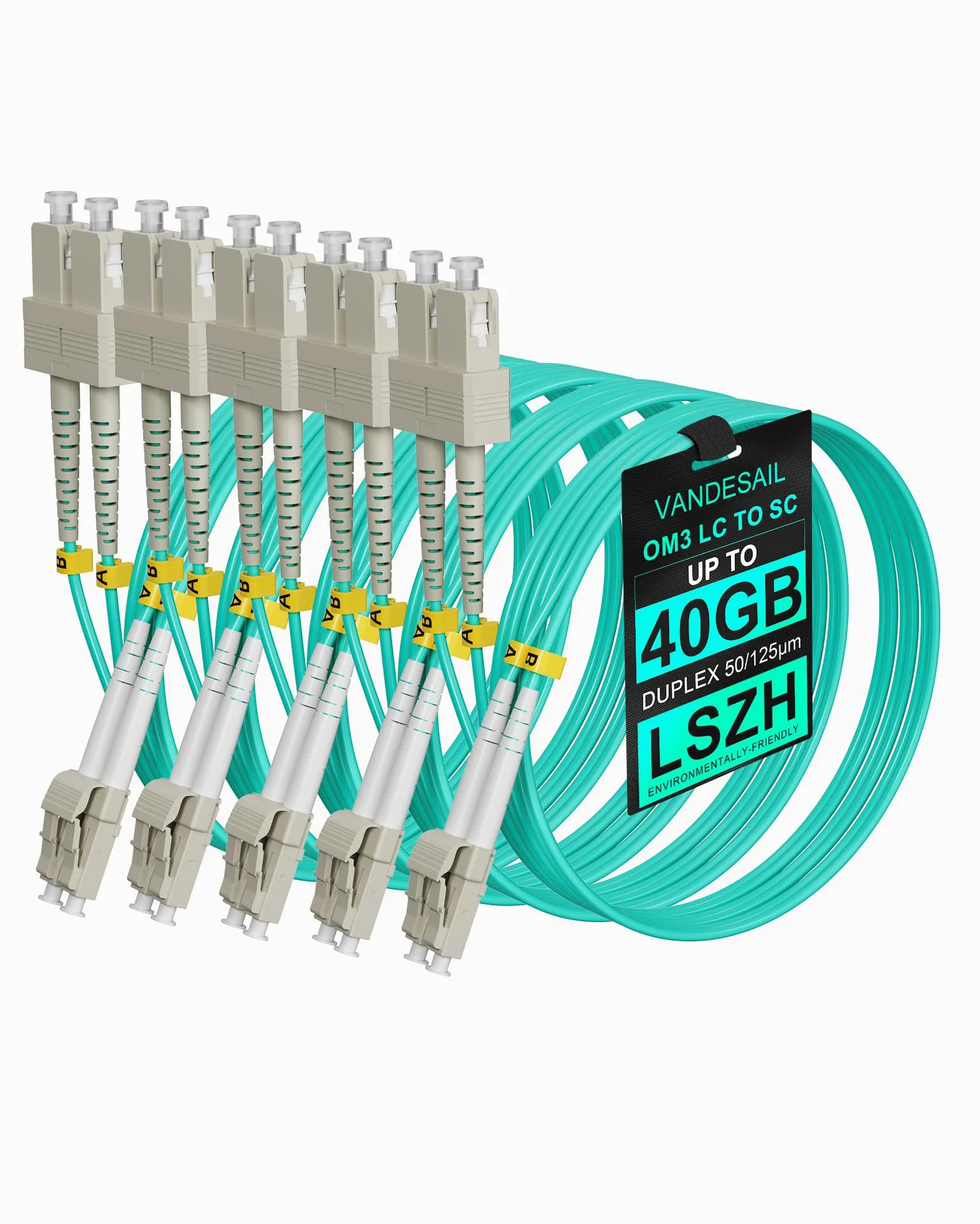 Lot de 5 câbles de raccordement en fibre optique multimode SC vers LC OM3 MMF, cordon de raccordement optique duplex LC-SC 10 Go LSZH SFP 50/125 µm - 10 m