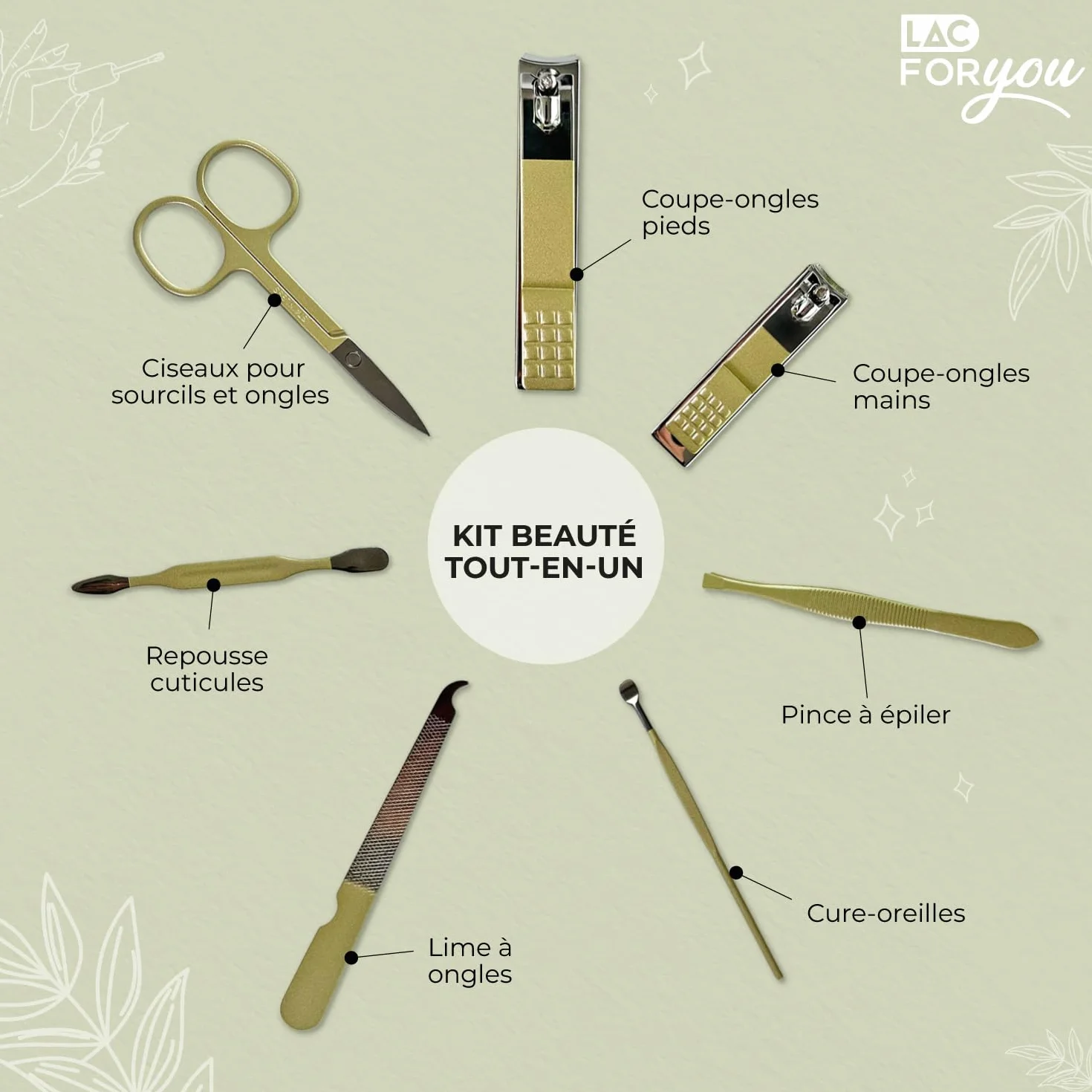 Kit Manucure 7 Pièces Professionnel pour Ongles Mains et Pieds - Trousse Vert