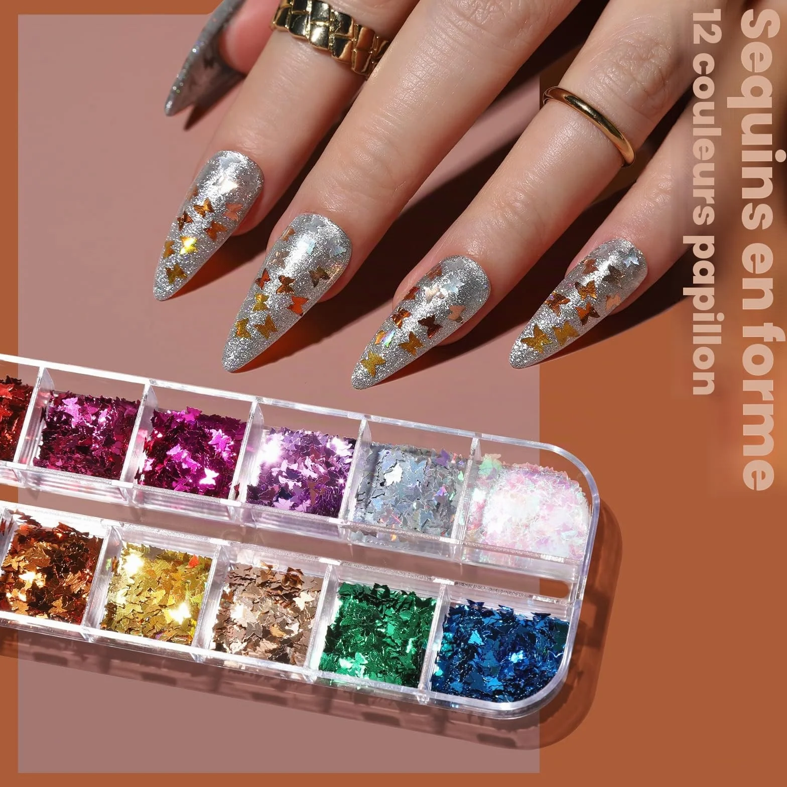 FANDAMEI Kit Nail Art Pinceaux Dotting Pens Strass Paillettes Papillon Feuille d'Or Décoration d'Ongles Rose