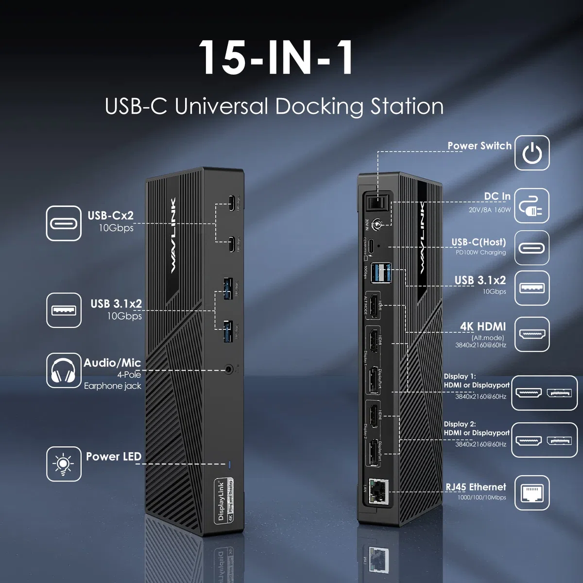 WAVLINK Station d'accueil DisplayLink USB-C 15 en 1, compatible avec MacBook Neo, Triple moniteurs 4K (3 x HDMI + 2 x DP), 100 W PD, 10 Gbit/s, Gigabit LAN, audio/micro, pour Windows et Mac (avec M1