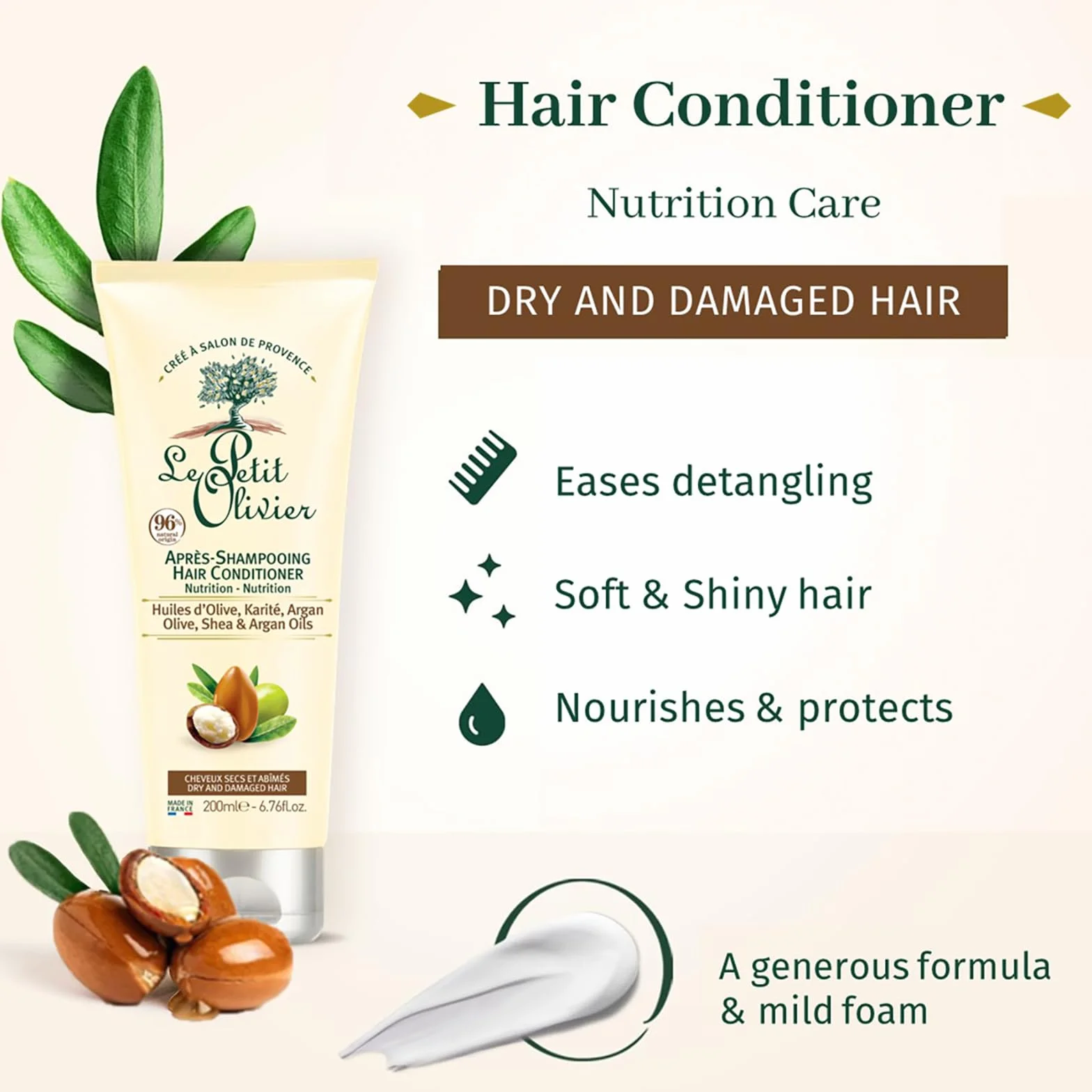 LE PETIT OLIVIER Après-Shampooing Crème Soin Nutrition Huiles d'Olive Karité Argan Cheveux Secs Abîmés Sans Silicone Sans Sulfate 200 ml