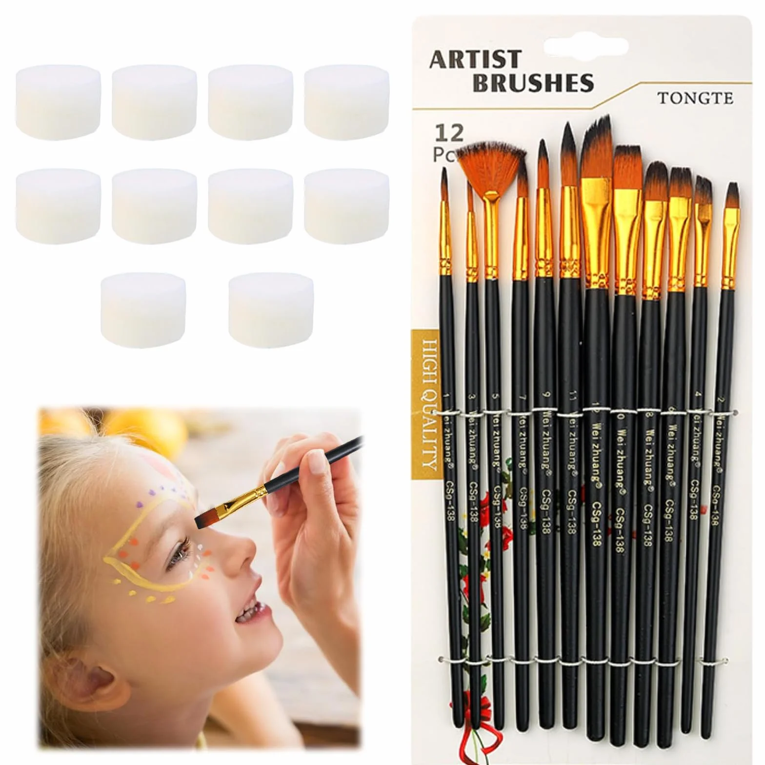 Lot de 12 pinceaux de maquillage pour enfants avec 10 éponges - Pinceaux fins pour peinture à l'huile débutants