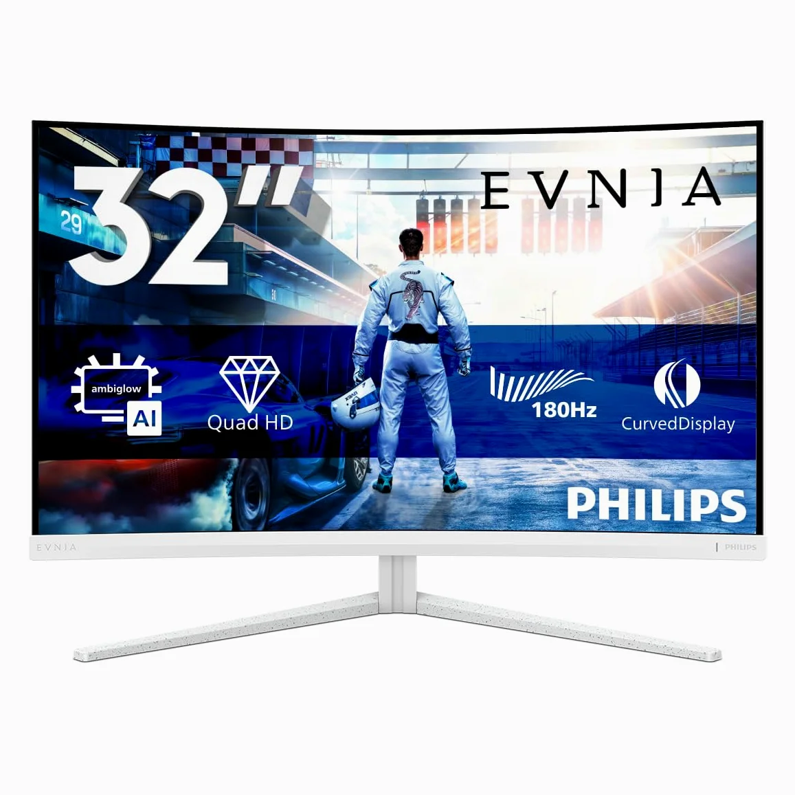 PHILIPS Evnia Gaming Moniteur Incurvé, 32M2C5501 32 Pouce 180Hz Fast VA Dalle, 1ms GtG, HDR10, FreeSync, Ajustable en Hauteur, (2560x1440 HDMI 2X 2.0 DP 1x 1.4) Blanc