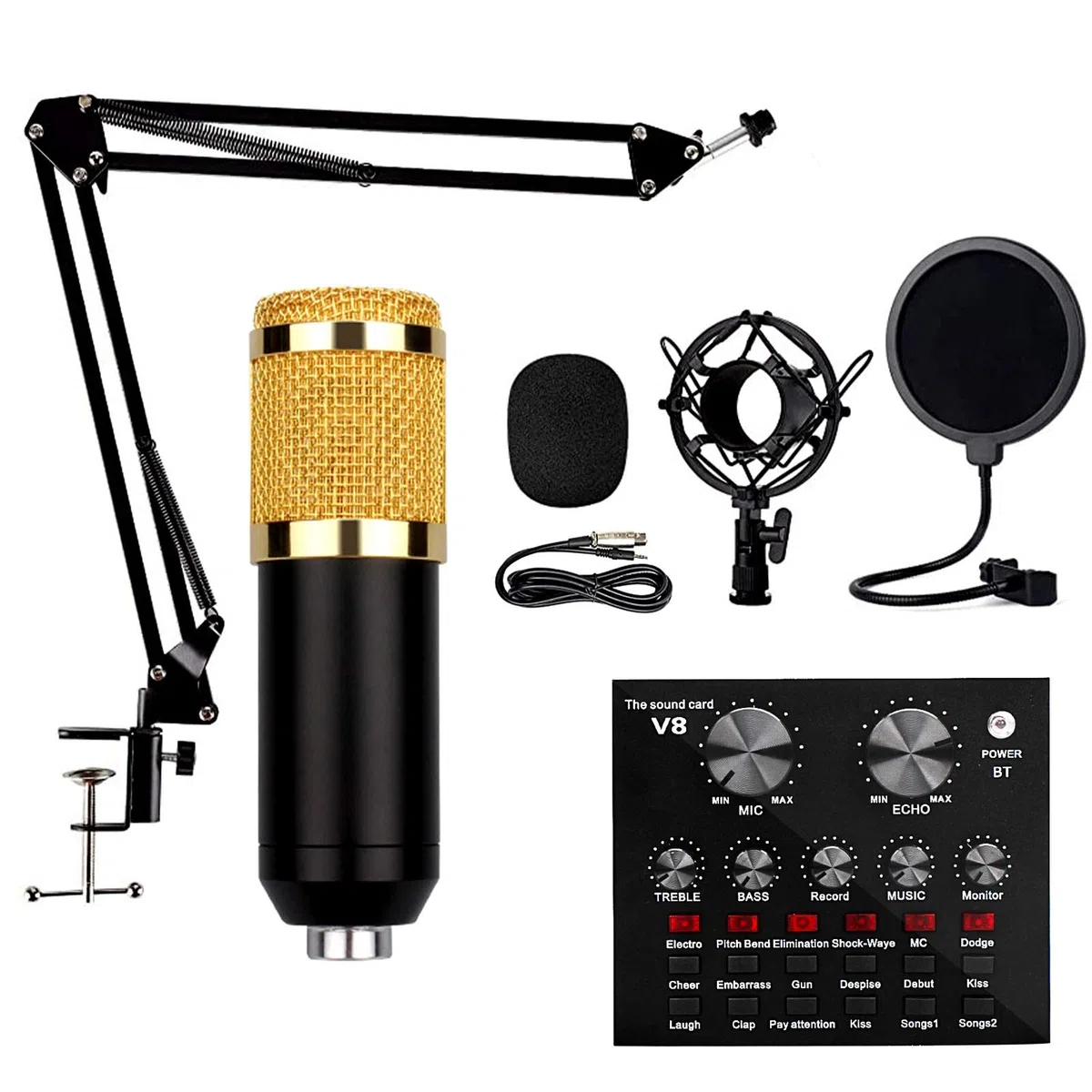 Carte Son, Carte Son multifonctionnelle en Direct, Ensemble de Microphones pour Carte Son, Ensemble de Microphones en métal pour Diffusion, Support réglable, 12 Effets sonores de Fond