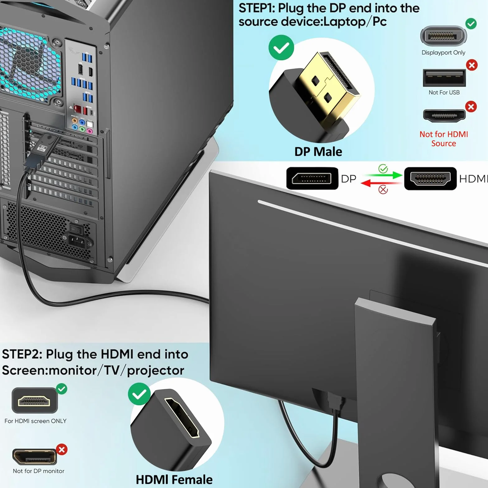 Adaptateur DisplayPort vers HDMI 4K@60Hz, 2 pièces Compatible Dell HP HDTV