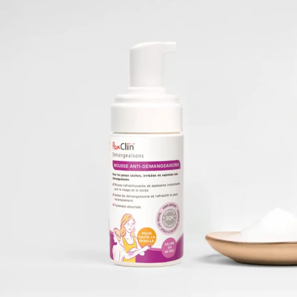 PoxClin Démangeaisons Mousse Anti-Démangeaisons 100 ml Eczéma Urticaire Piqûres Insectes Coup Soleil Visage Corps