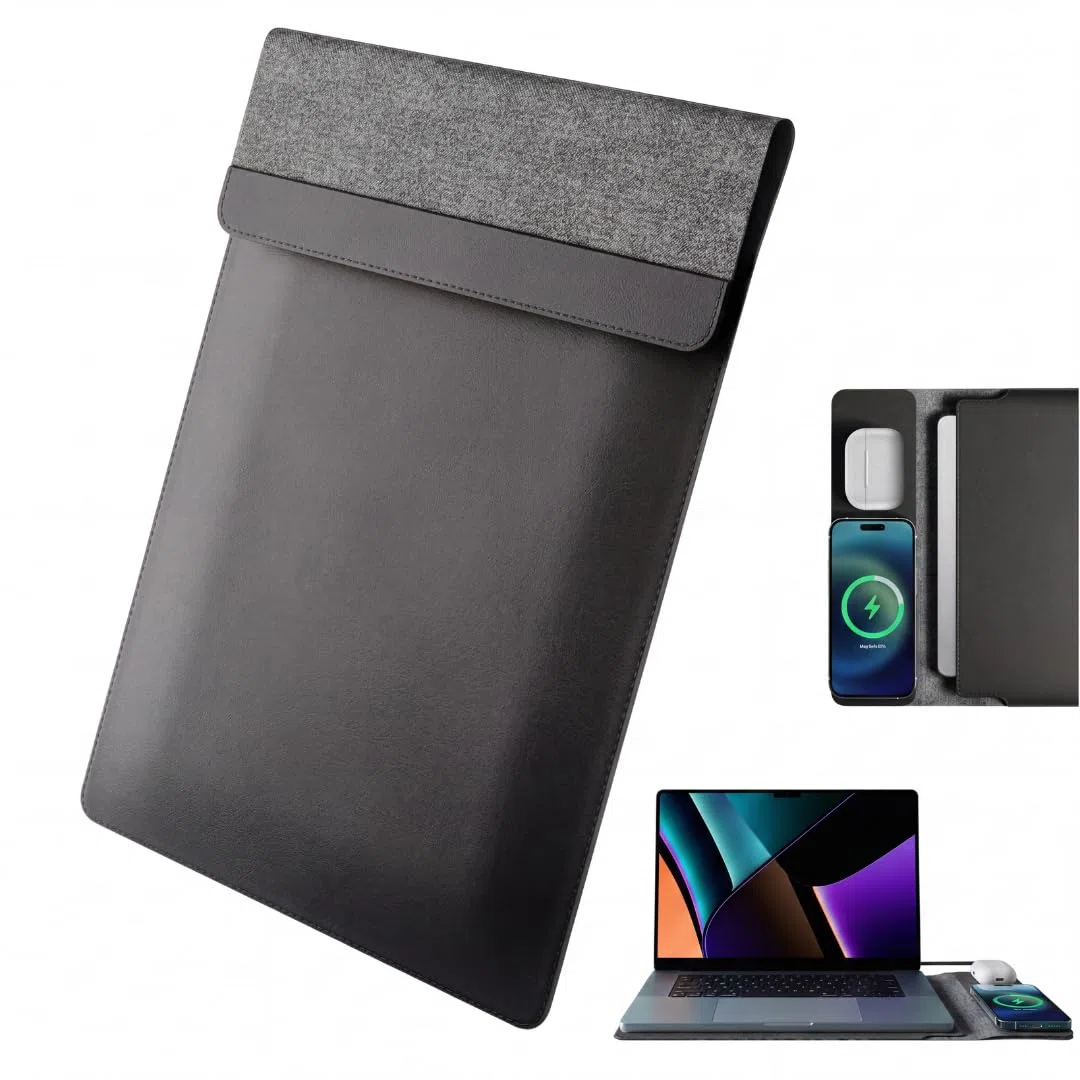 Housse pour ordinateur portable avec chargement sans fil | Housse multifonctionnelle 4-en-1 en cuir, tapis de souris et tapis de bureau | Charge rapide pour téléphones et écouteurs | Protection