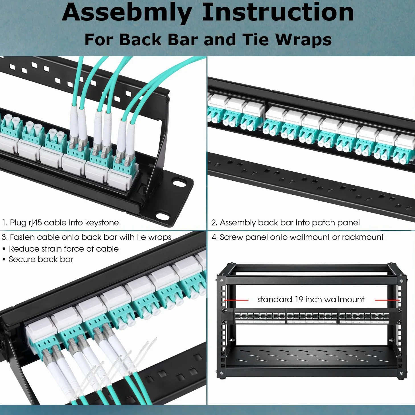 Panneau de brassage en fibre optique 1U avec 24 adaptateurs de fibre optique monomode LC OS2, coupleurs Keystone Jack modulaire avec clé en ligne blanche, connecteurs monomode pour racks