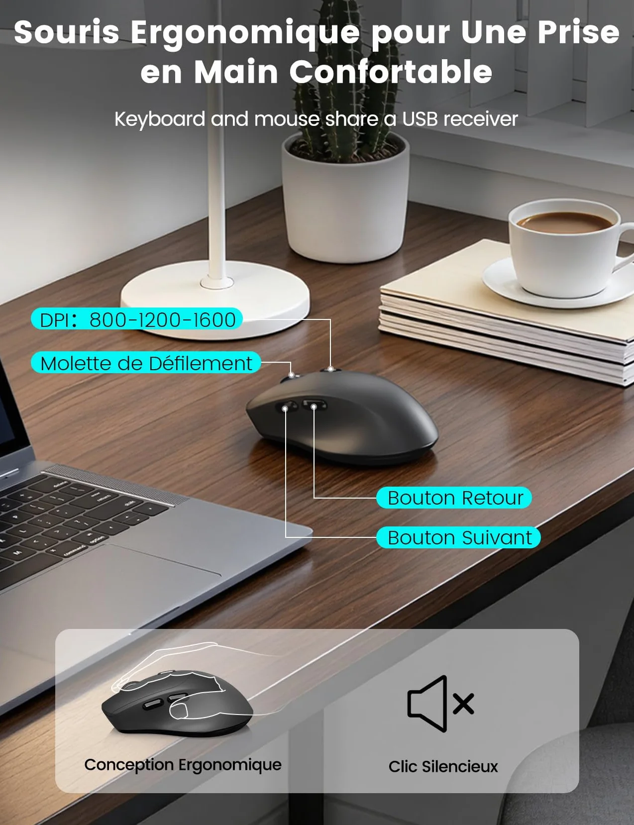 Ensemble Clavier et Souris sans Fil AZERTY-KM23 Noir, Ergonomique Pleine Taille avec Repose-Poignet, Silencieux 2,4 GHz pour PC Windows