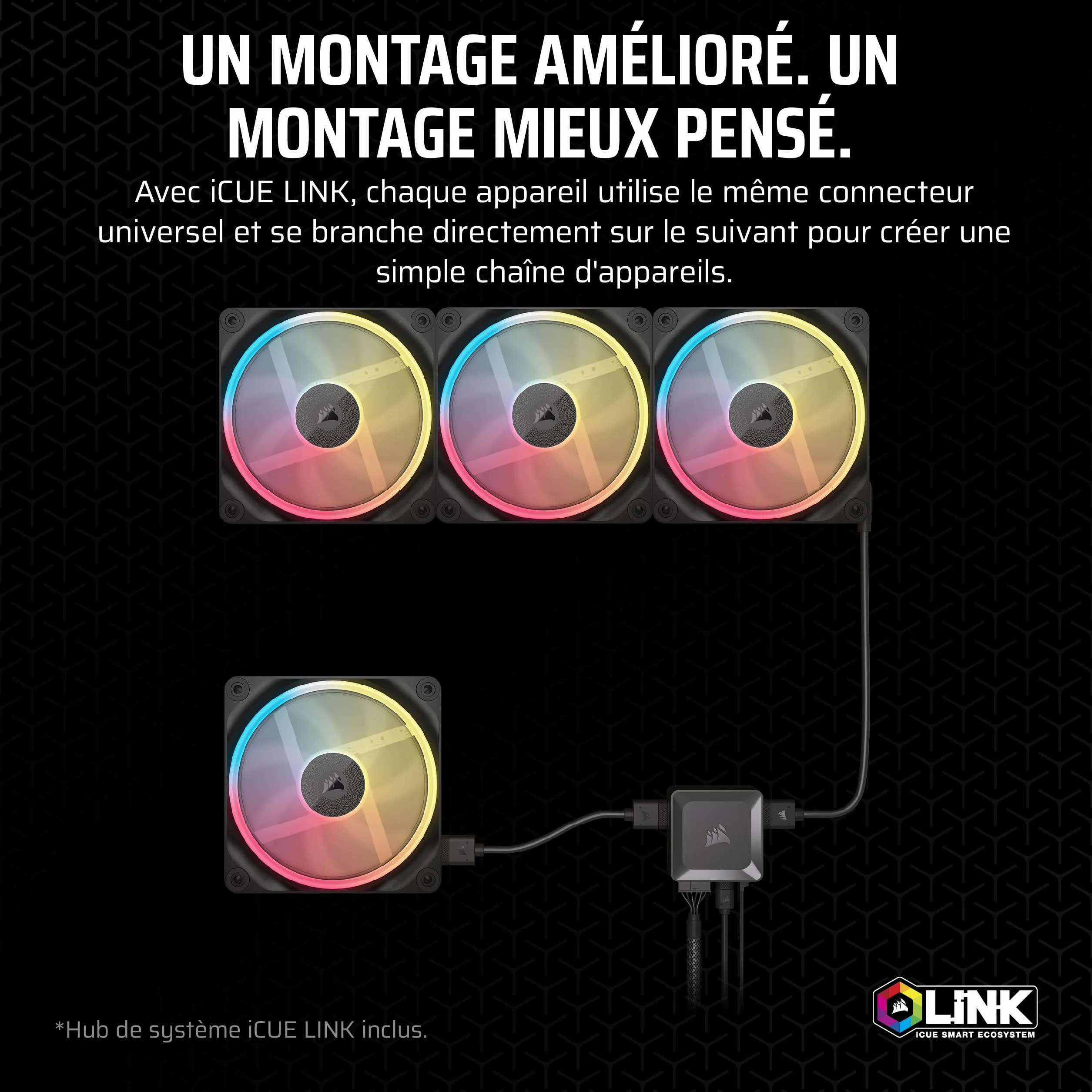 CORSAIR iCUE Link LX120-R RGB 120mm PWM Ventilateur Inversés Kit Triple Faible Bruit Double Boucle Lumineuse Noir