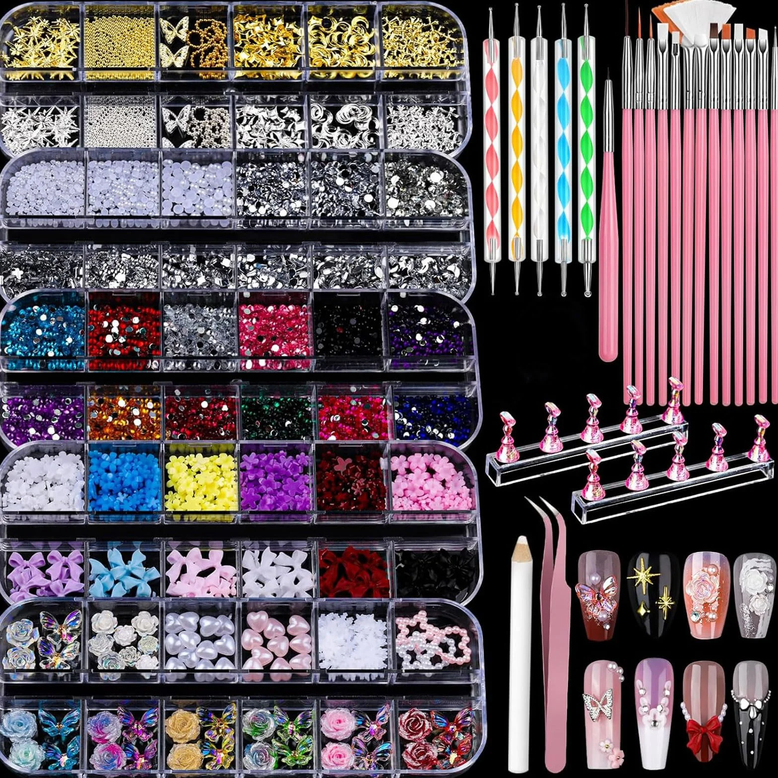Kit Nail Art avec 5 Boîtes de Charms 3D Strass, 15 Pinceaux, 5 Outils de Pointage, 2 Supports de Vernis