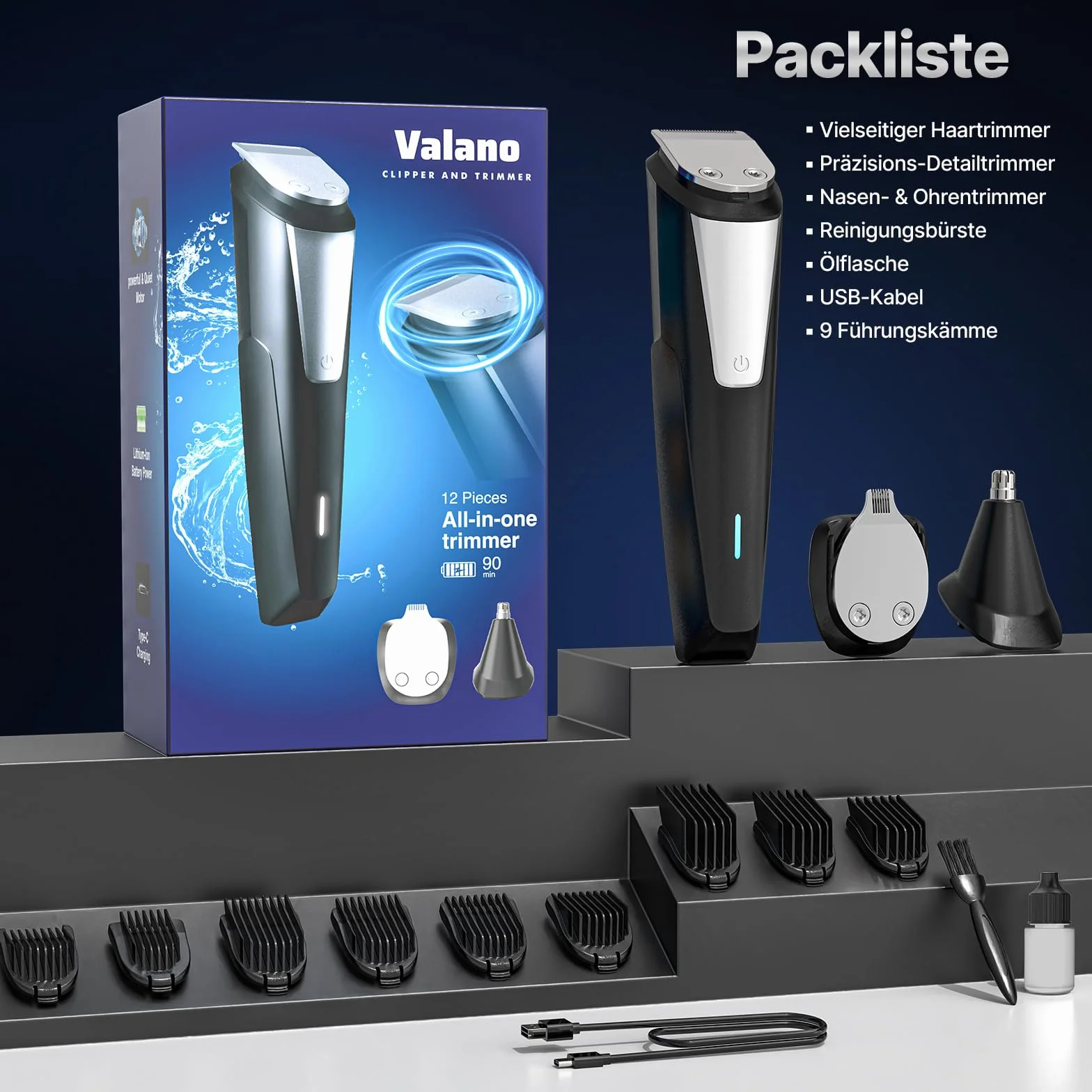 Valano Tondeuse Cheveux Hommes 3 en 1 Rasoir Electriques Set, Tondeuse Barbe Sans Fil avec 9 Sabots 1-16mm, Multi-function Men's Groomer Noir