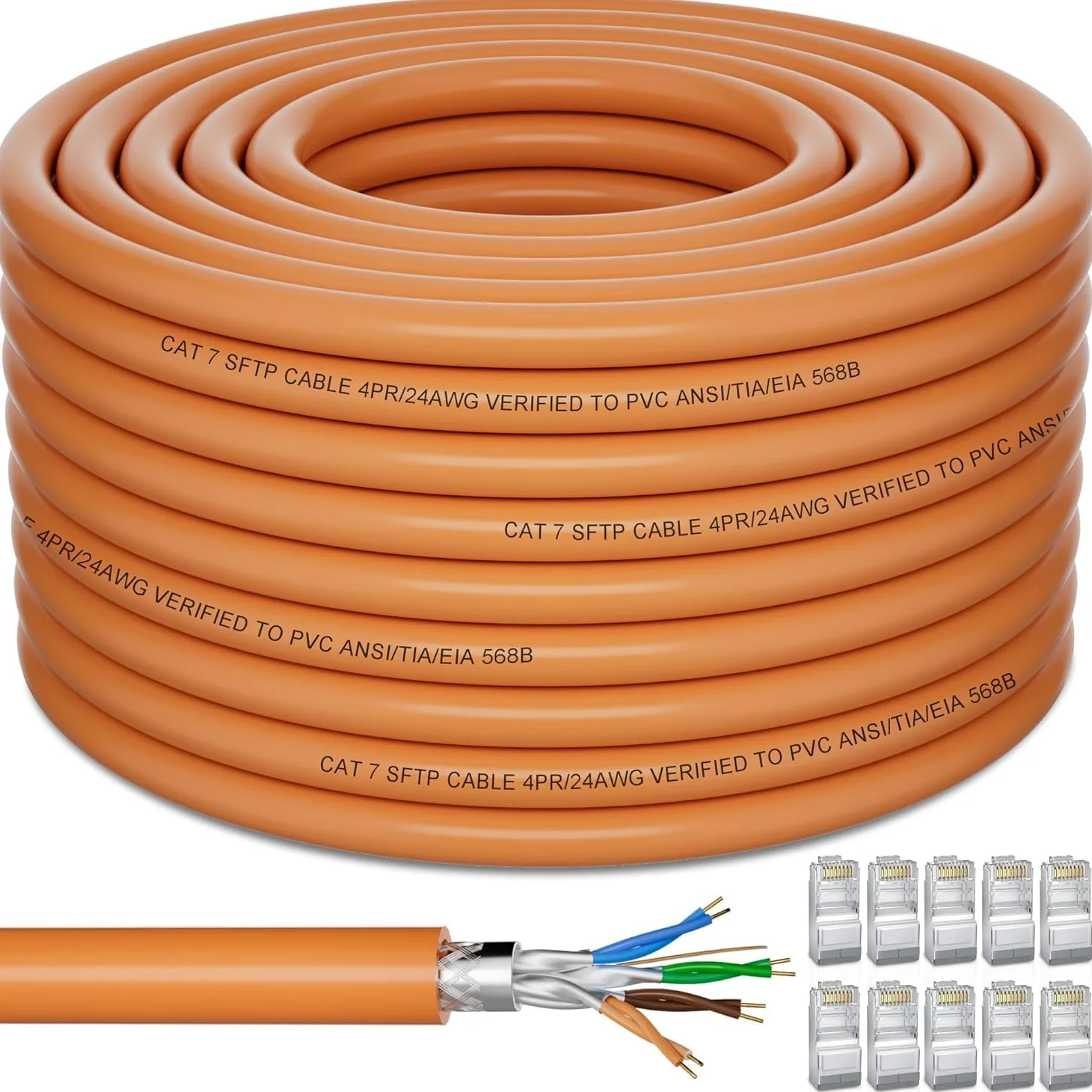 Câble Ethernet d'extérieur Cat 7 de 61 m (10 RJ45), câble Ethernet blindé SFTP Cat 7 en vrac, très résistant, haut débit, 10 Gbit/s, 600 MHz, enfouissement direct, imperméable, résistant aux UV