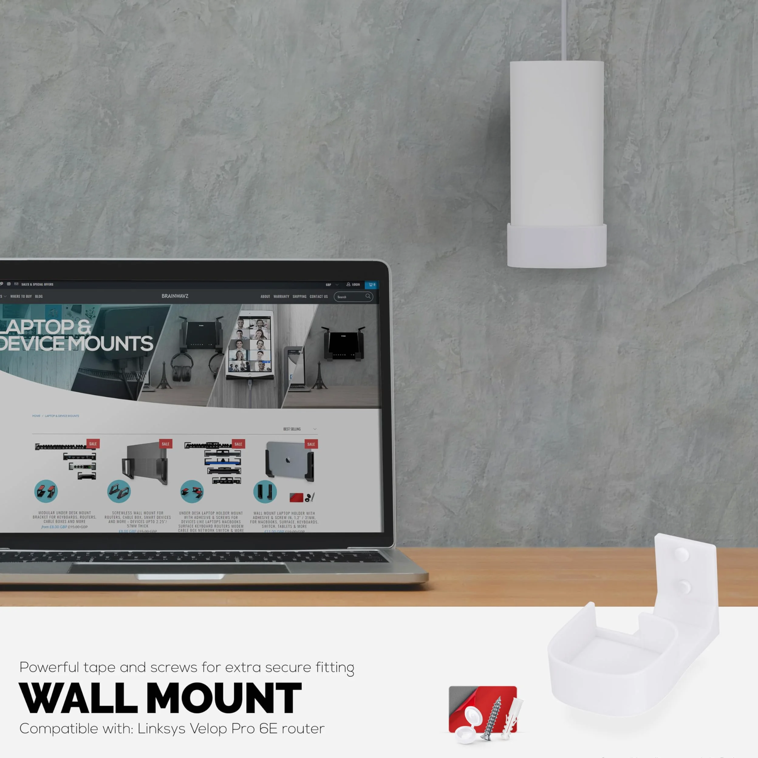 Support mural sans vis pour routeur Linksys Velop Pro 6E (AXE5400) WiFi Mesh, support facile à installer, option de montage adhésif et vis, par Brainwavz