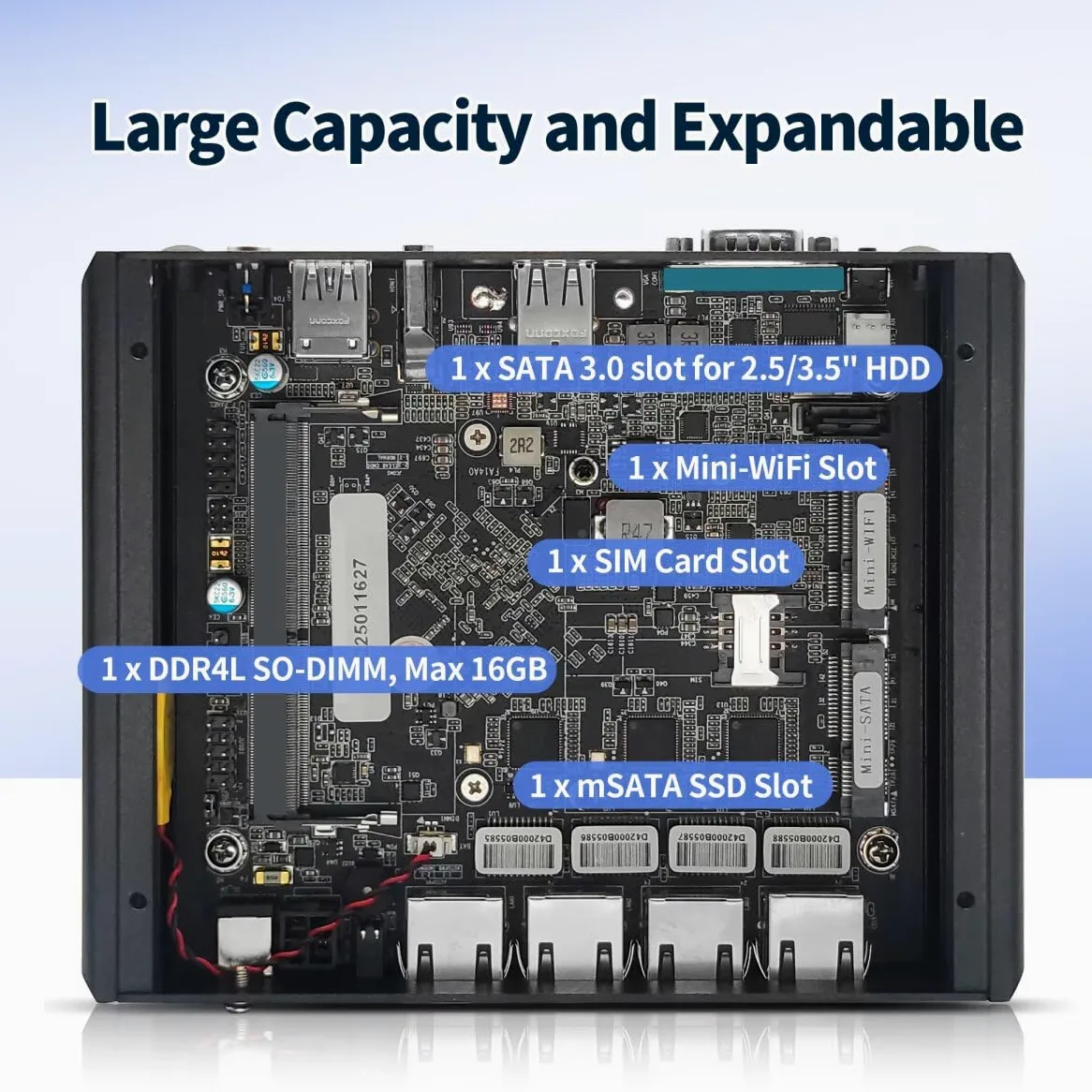 Firewall Hardware Industrie Mini PC Fanless J4125, Micro PC Application Router Embedded Computer, Barebone NO RAM NO SSD, 4 x i211 LAN, RS232 COM, Auto Power on
