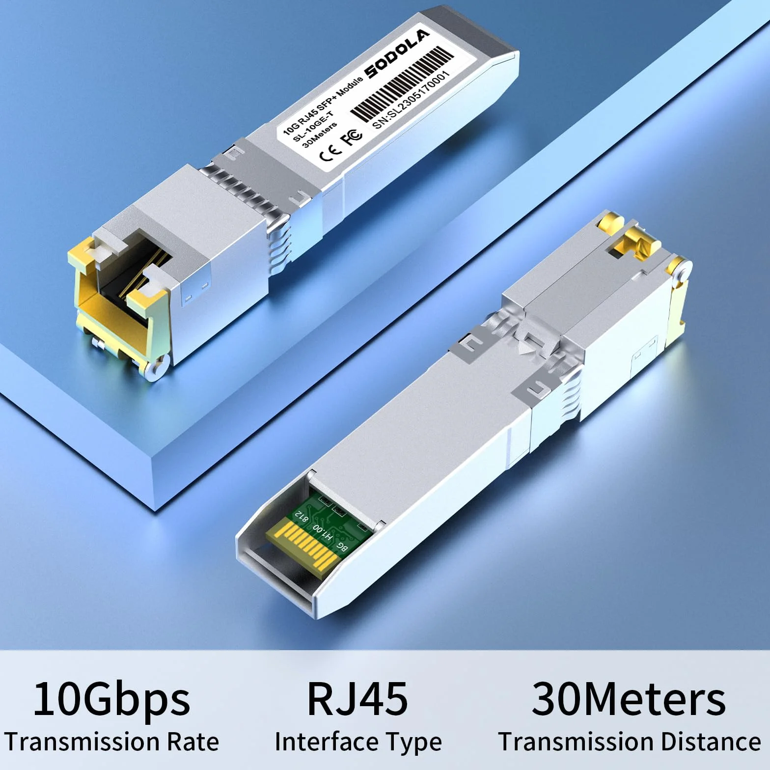 Sodola 10GBase-T Module SFP+ RJ45 SFP+ 10G SFP+ RJ-45 en cuivre pour SFP vers Ethernet, Plug and Play, Hot Pluggable, jusqu'à 30 m de distance de module SFP en cuivre (1 pièce)