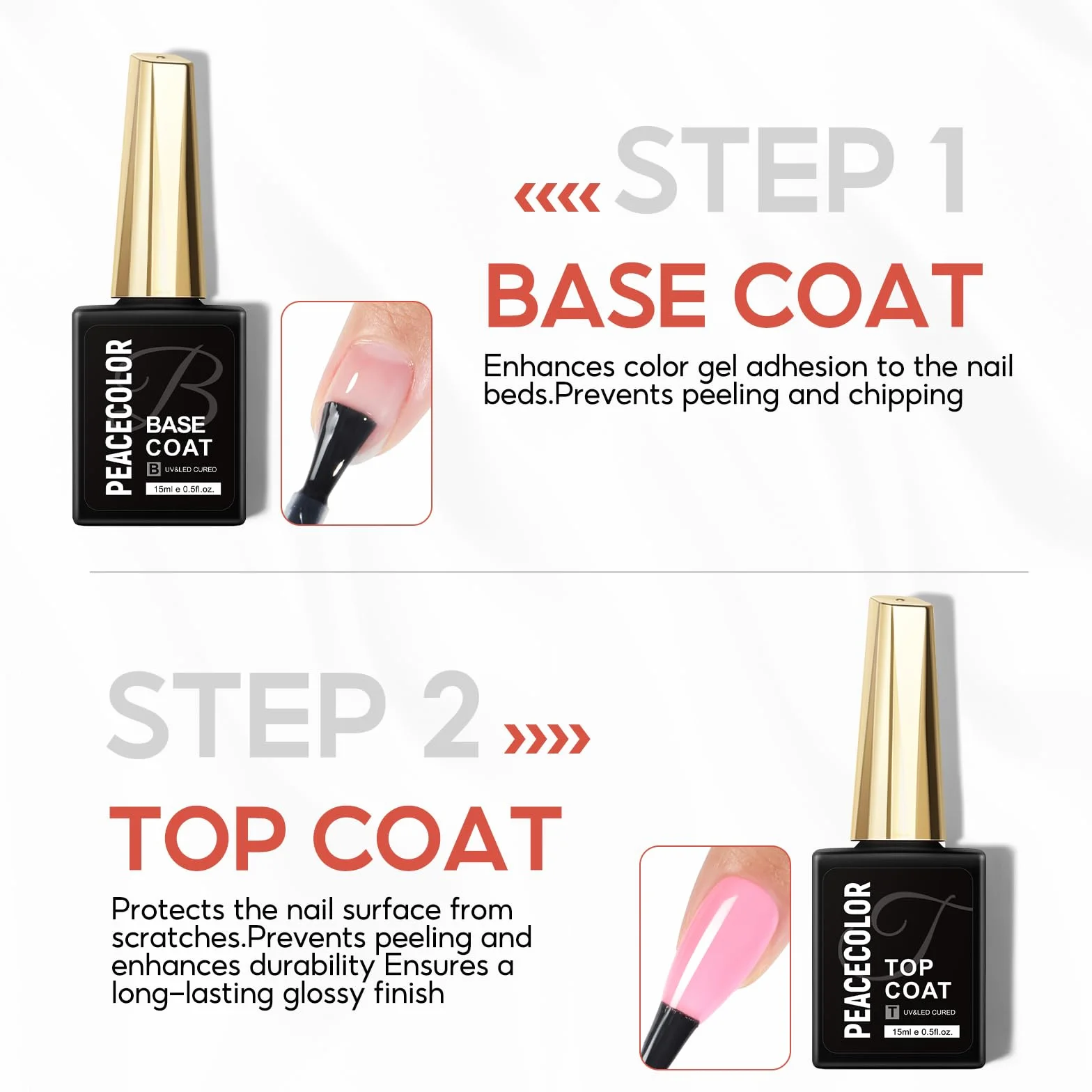 PEACECOLOR 15ML Base et Top Coat Vernis Semi Permanent UV/LED Gel Soak-Off pour Manucure DIY